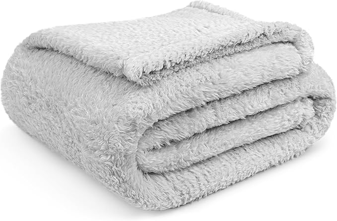 PAVILIA Sherpa Throw Blanket for Couch Sofa, Light Grey Fluffy Warm Plush Blanket for Twin Bed, Cozy Super Soft Lightweight Throw, Fuzzy Decorative Blanket, All Season Home, 60x80