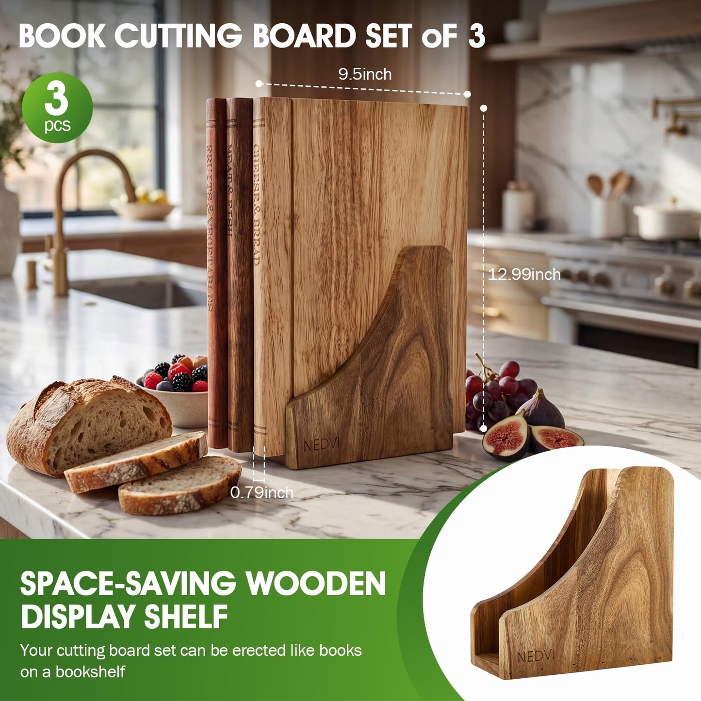 NEDVI Book Cutting Board Set with Wooden Stand-Wooden Kitchen Cutting Boards That Look Like Books for Cheese Meat Vegetables, Chopping Board Gift Set for Home Cooks & Kitchen Decor