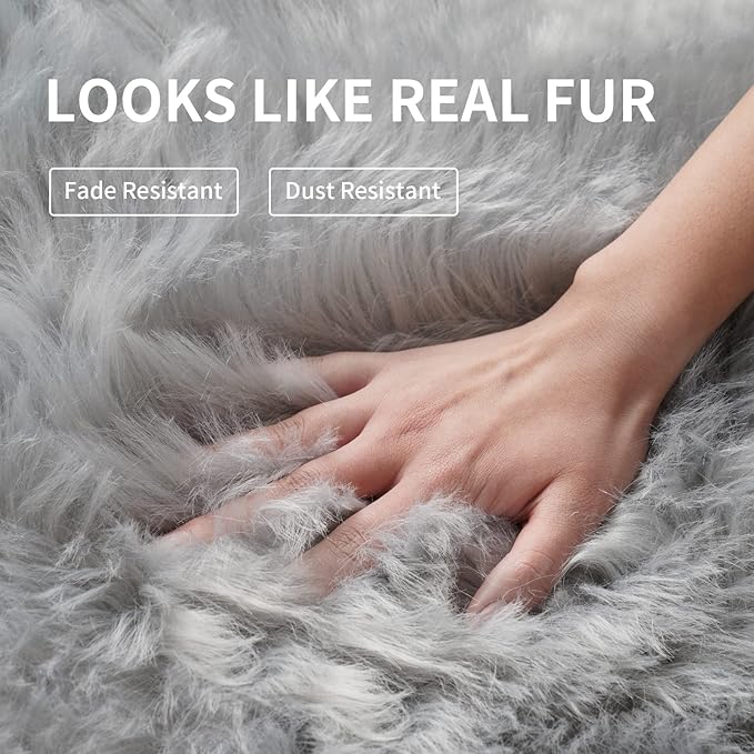 Small Faux Fur Rug, 2x4 ft Ultra Soft Sheepskin Rugs Chair Sofa Cover Seat Pad, Grey Fluffy Shag Rug for Bedroom Nursery Kids Room, Gray Shaggy Rug Fuzzy Plush Floor Carpets, Cute Dorm Home Decor