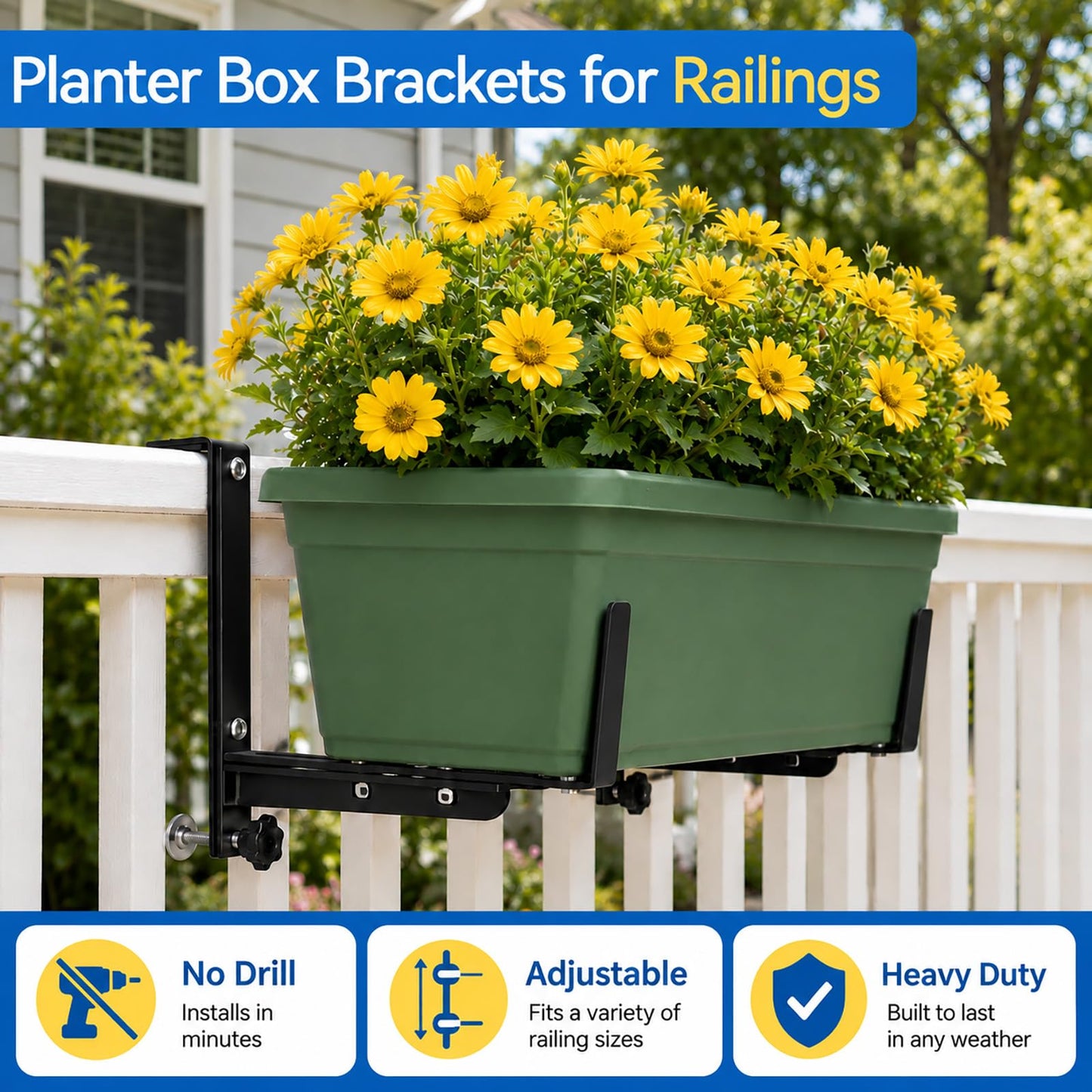 Halatool Railing Planter Box Brackets Outdoor, 4 Pack Adjustable Flower Planter Window Box Brackets, Heavy Duty No Drill Window Box Brackets with 65 lb Capacity for Railings Balcony Porch Fence