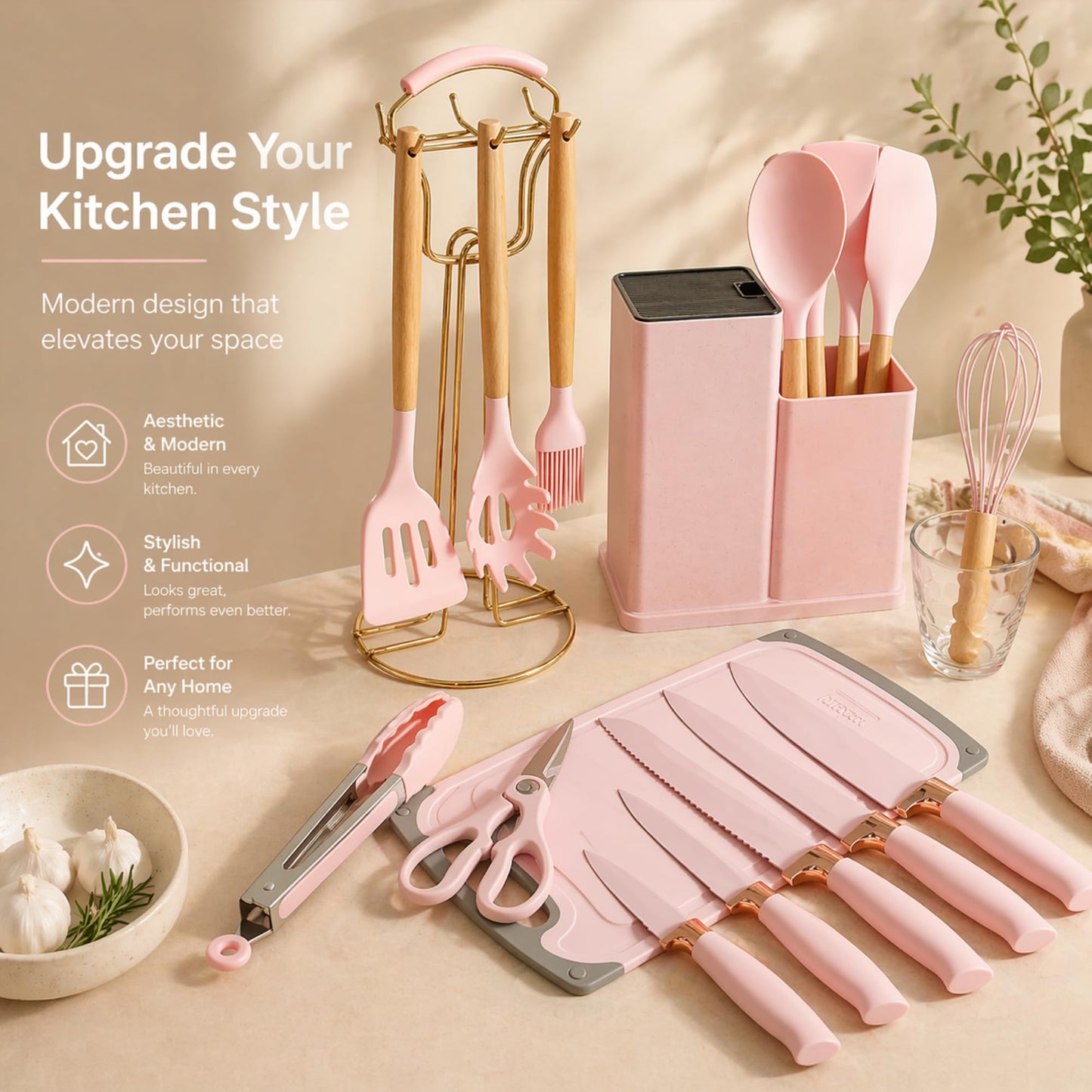 19-Piece Pink Kitchen Set for First Apartment - Complete Silicone Cooking Utensils with Wooden Handles, Pink Knife Set, Cutting Board & Holder - All-in-One Kitchen Starter Kit for New Home, BPA-Free