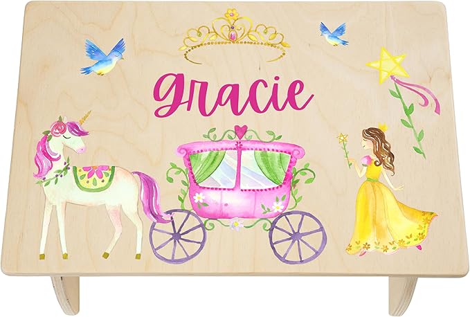 Princess Step Stool for Toddlers- Personalized Wood Kids Step Stool with Name for Kitchen Sink, Bathroom, Potty Training, Toilet, Kitchen Sink- Sturdy and Safe- Made in USA by BloomOwl (Princess)