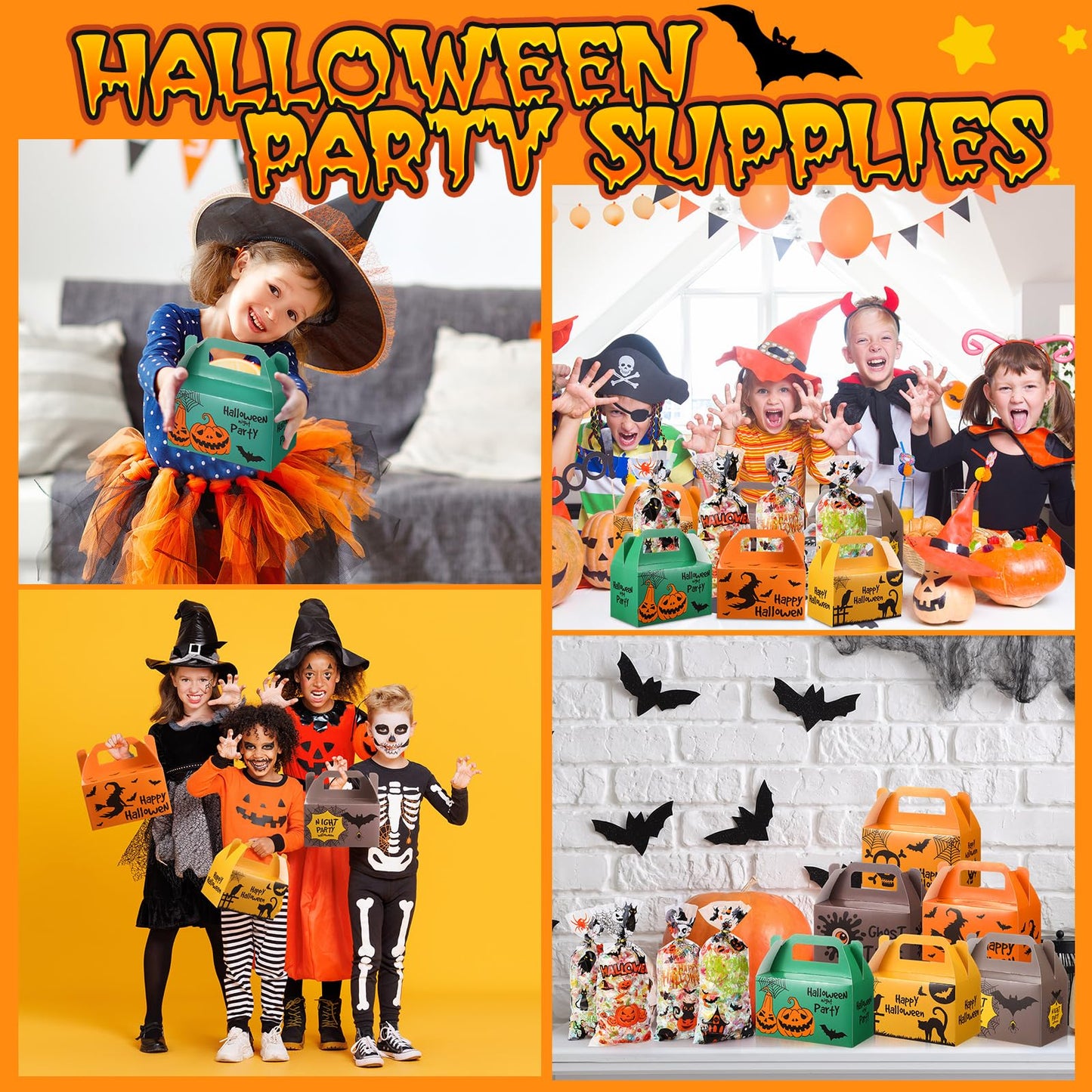 ReliThick 80 Pack Halloween Treat Box with Cellophane Bags Trick or Treat Goodie Cookie Candy Boxes for Treats Pumpkin Halloween Bag for Party