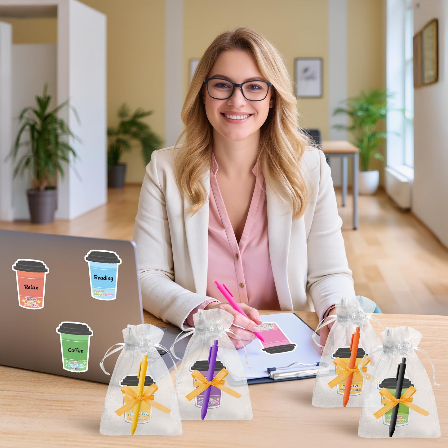 Xqumoi Employee Appreciation Coffee Cup Sticky Notes Set - 24 Set Coffee Self Sticky Writing Memo Pads Ballpoint Pens with Mesh Bag for Coffee Lover Staff Member Colleague Worker School Office Supply