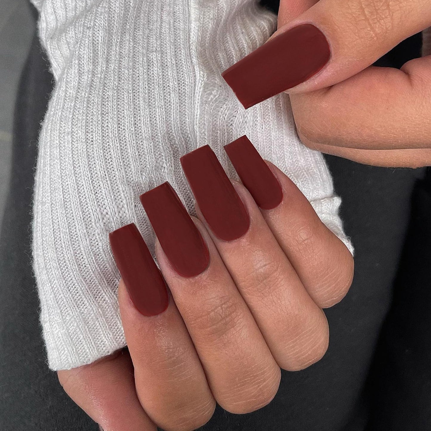 Matte Dark Red Press On Nails - Medium Long Square, Coffin Acrylic Press Ons - Glue On Medium Length, Solid Color Fake Cherry Red Thick Stick On Nails for Women