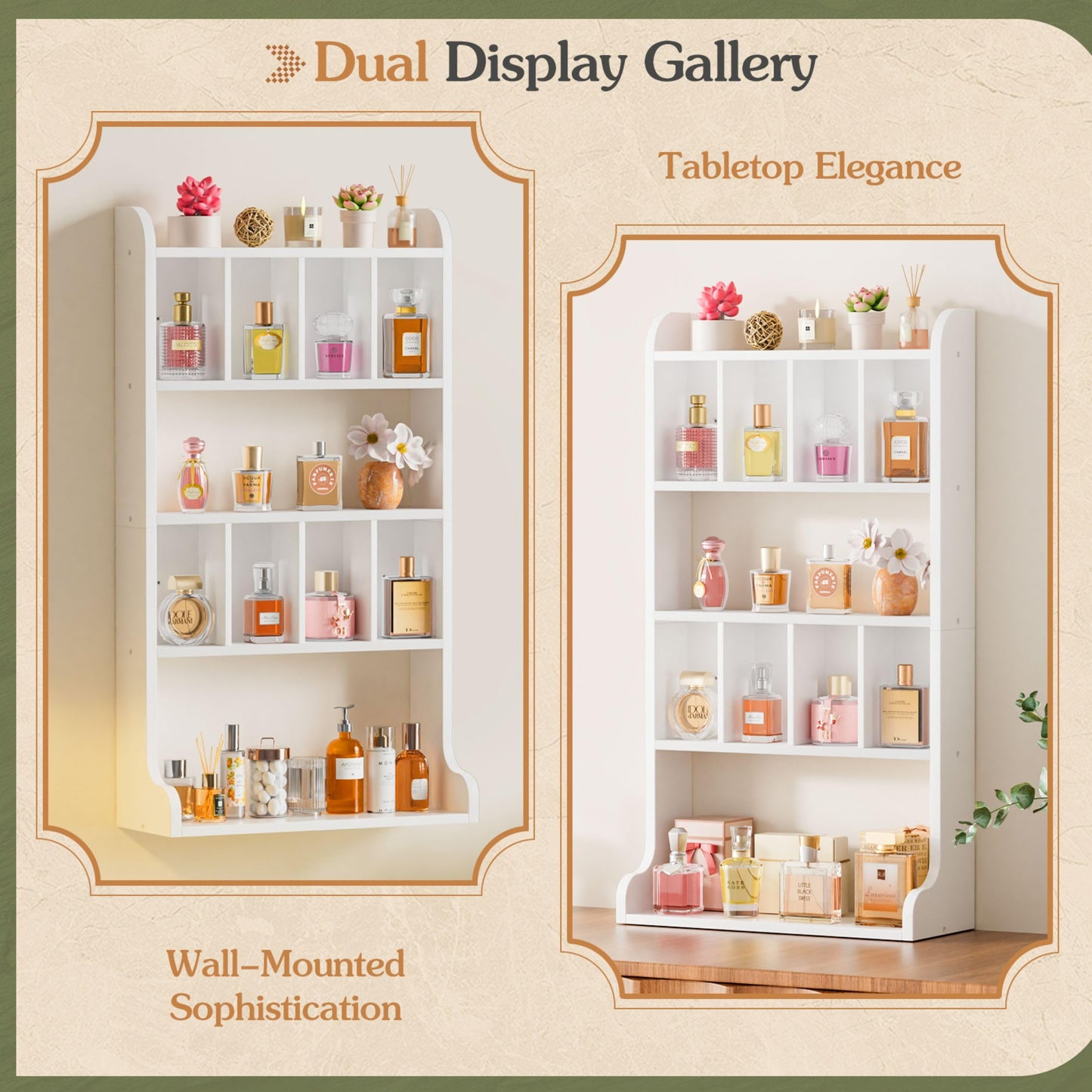 Keebofly Perfume Organizer Wall Mount & Large Cologne Display Case - Wooden Multi-Tier Trinket Shelf for Fragrances, Collectibles, Figures, Miniatures, Cosmetics and Shot Glasses, White