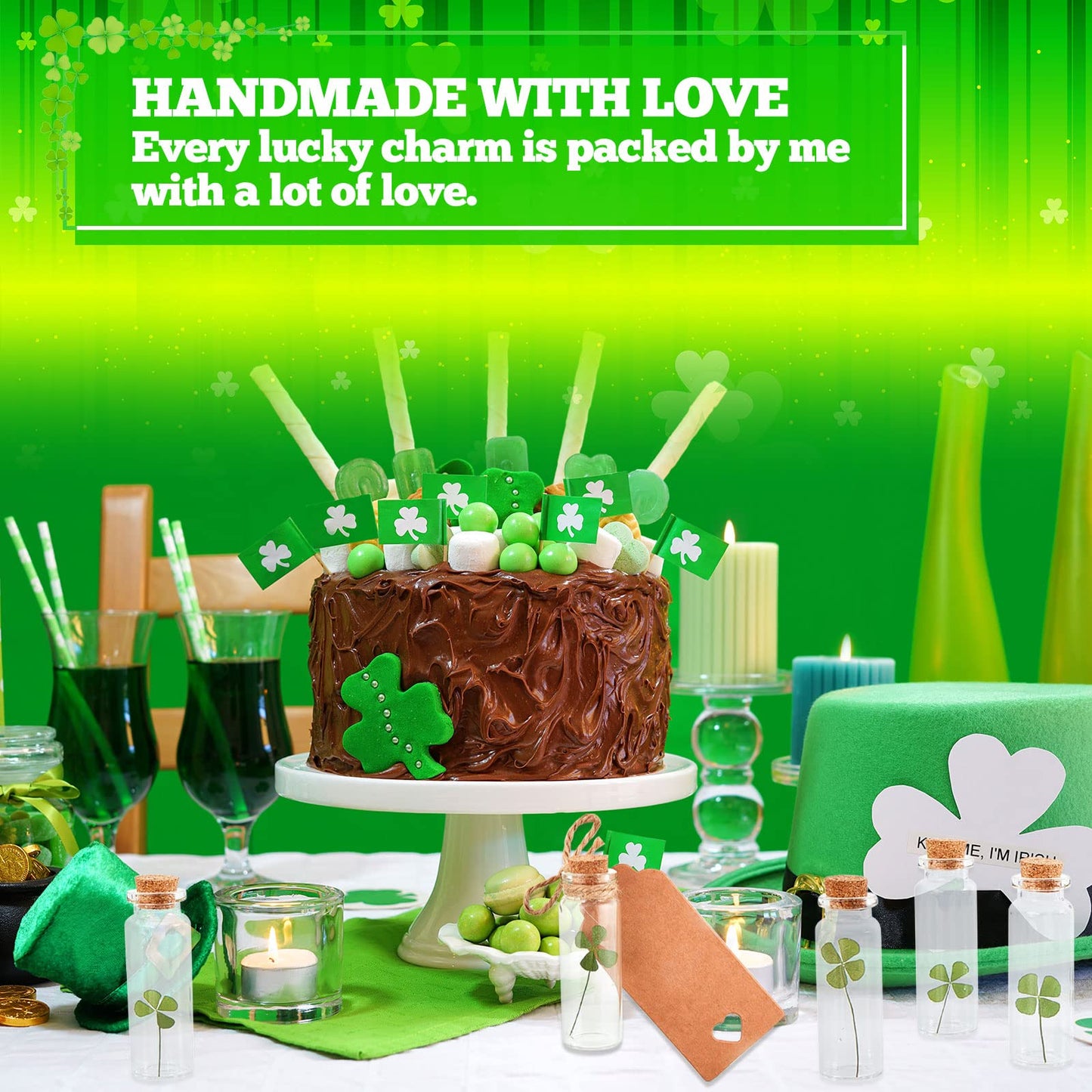 Cinnvoice 50 Sets St. Patrick's Day Cork Stoppers Glass Bottles Dried Pressed Four Leaf Clover Tiny Wishing Bottle Real Natural Four Leaf Clovers Mini Vials with Labels Ropes for DIY Crafts Wedding