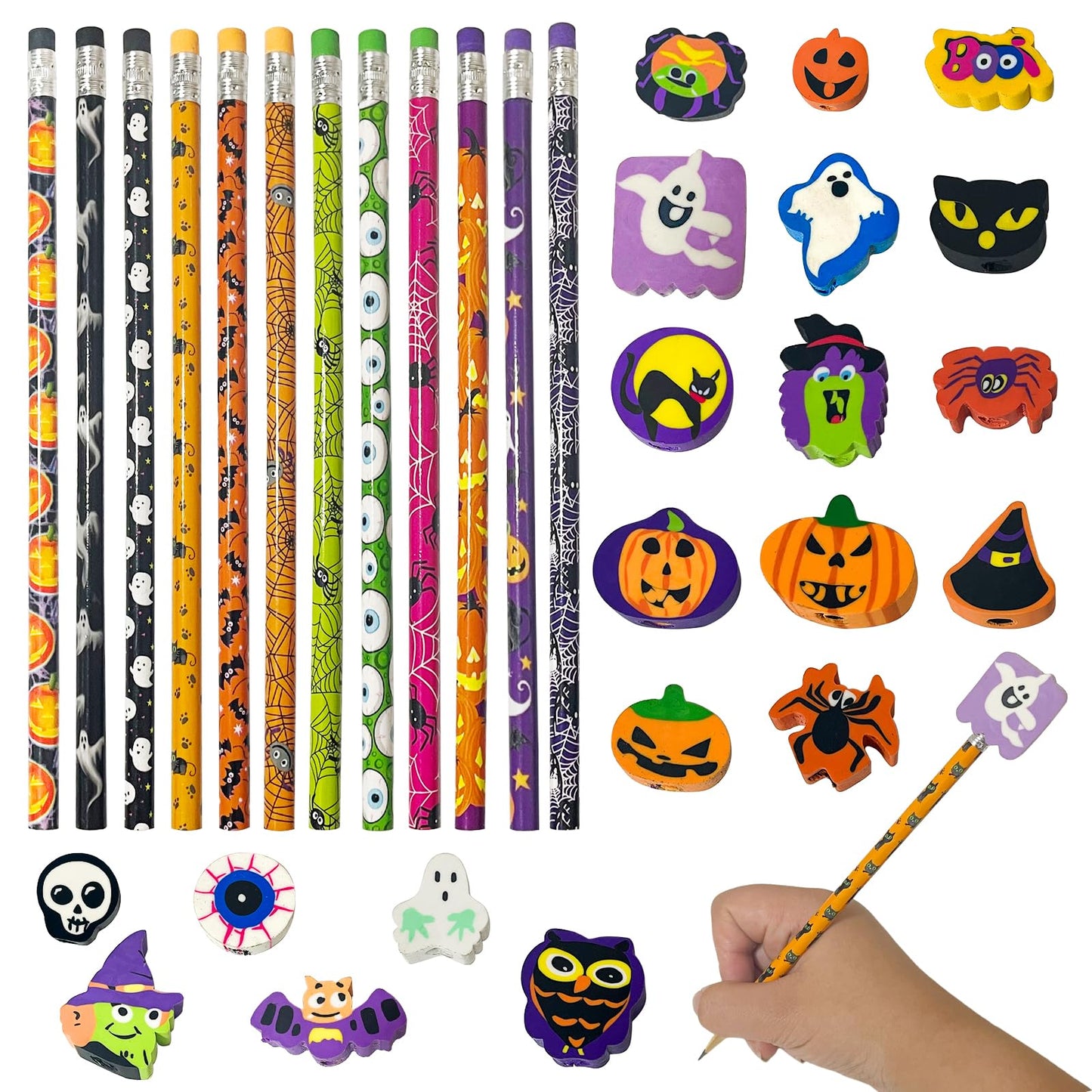 JXITON 24pcs Halloween Pencils with Eraser Toppers Ghost Pumpkin Wooden Pencils for Halloween Goodie Bag Fillers Supply