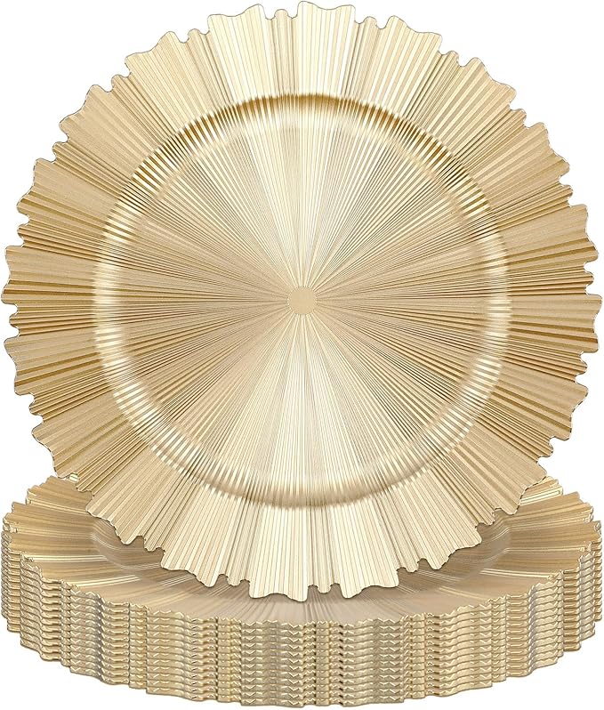 Mifoci 12 Pcs Champagne Gold Charger Plates Bulk 13 Inch Plastic Round Chargers Fluted Edge Dinner Plate Wedding Decoration for Table Setting Wedding Party Event Tabletop