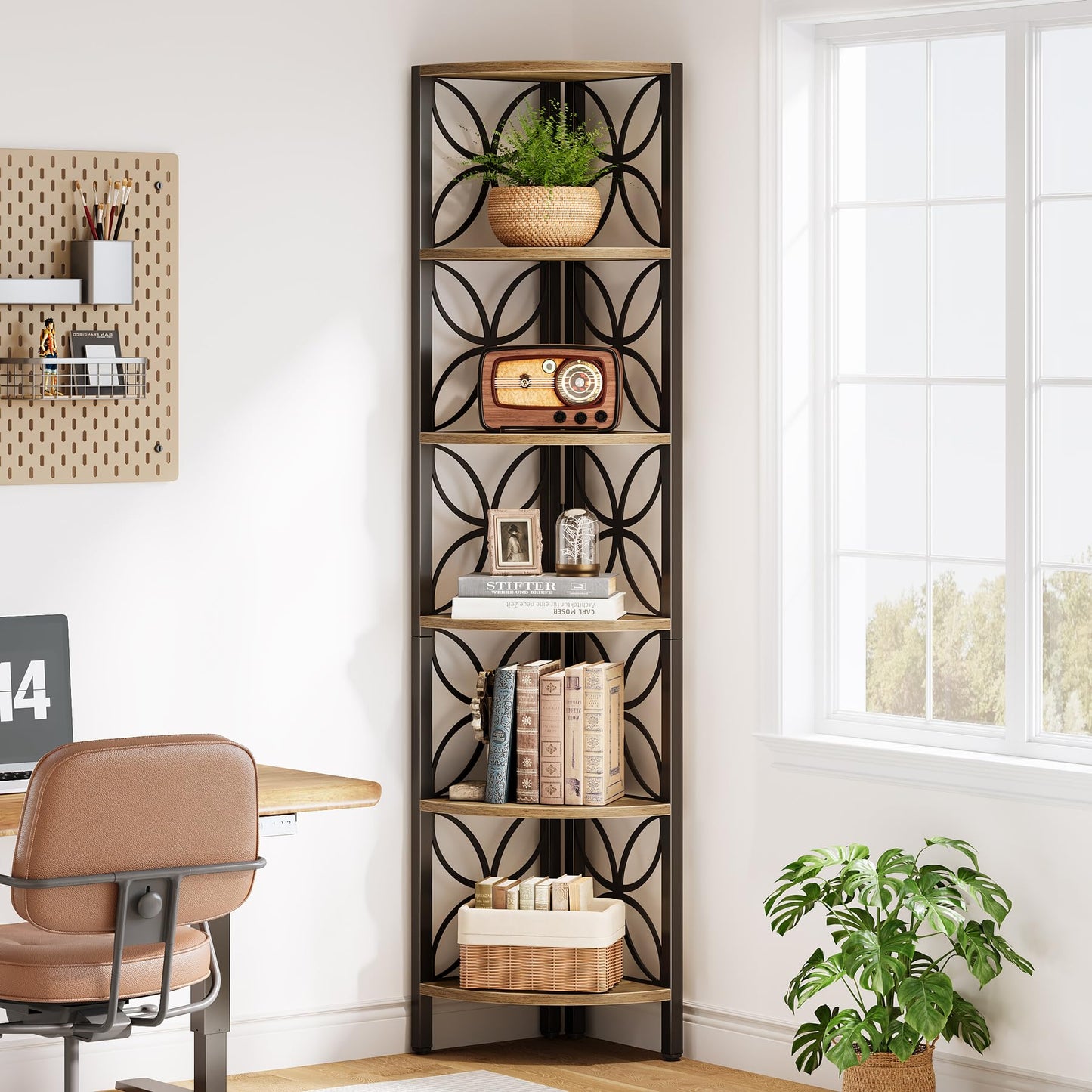 Tribesigns 6-Tier Corner Shelf, 70.9" Rustic Corner Bookshelf Display Shelf for Living Room, Wooden Shelving Unit Plant Stand Storage Rack for Bedroom, Bathroom, Small Space, Rustic Brown