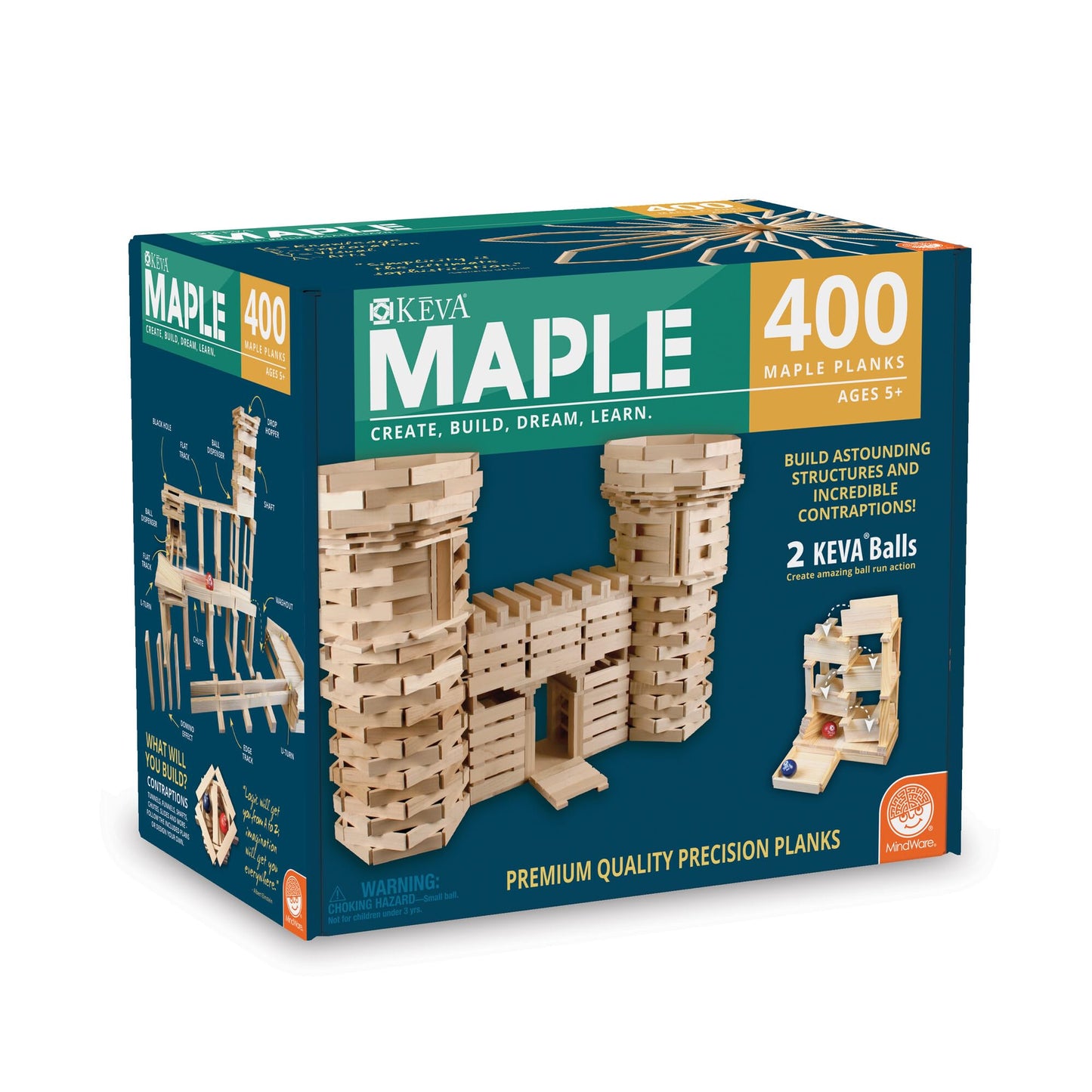 MindWare KEVA 400 Maple Wood Building Planks Set - Building Toy Includes 400 Wooden Blocks, 2 KEVA Balls, and Idea Book - Ages 5+