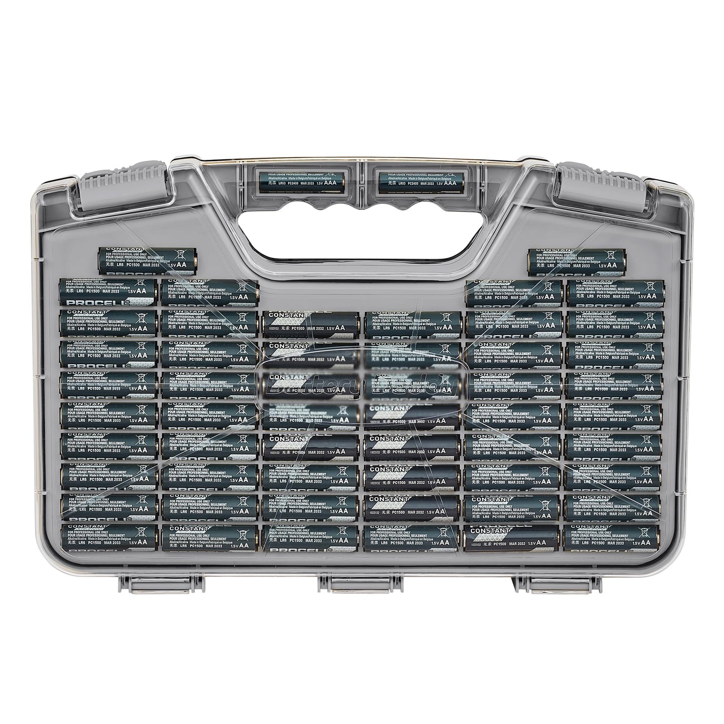 Battery Daddy Storage & Organizer Case w/Tester, Stores & Protects Up to 180 Batteries, Double-Sided, Clear Locking Lid, Secure Latches & Portable Carrying Handle- Warm Grey (Batteries Not Included)