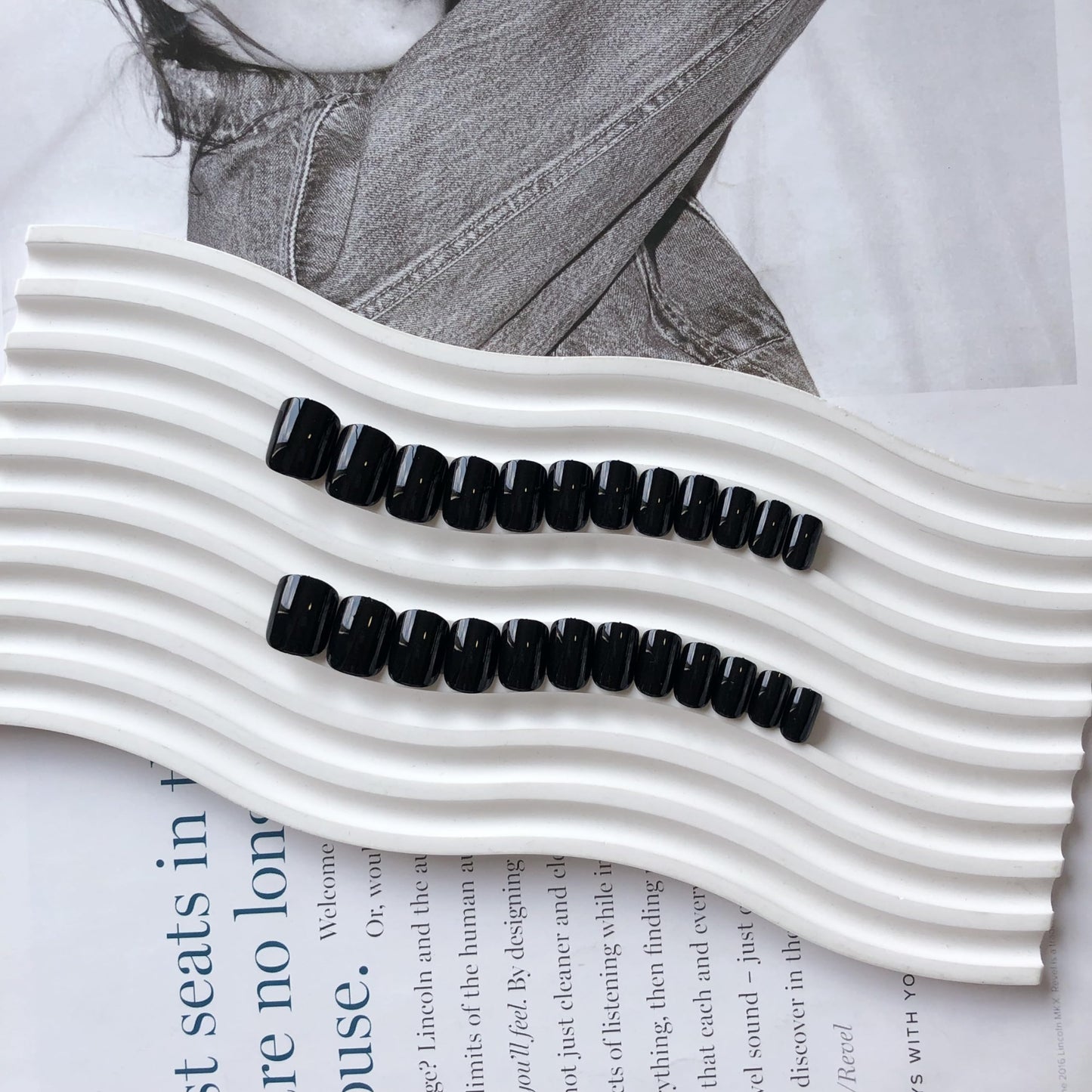 Black Press on Nails Short Square, Fake Glue on Soft Gel Stick on Nails for Women, Thick Reusable Solid Color Acrylic 24pcs