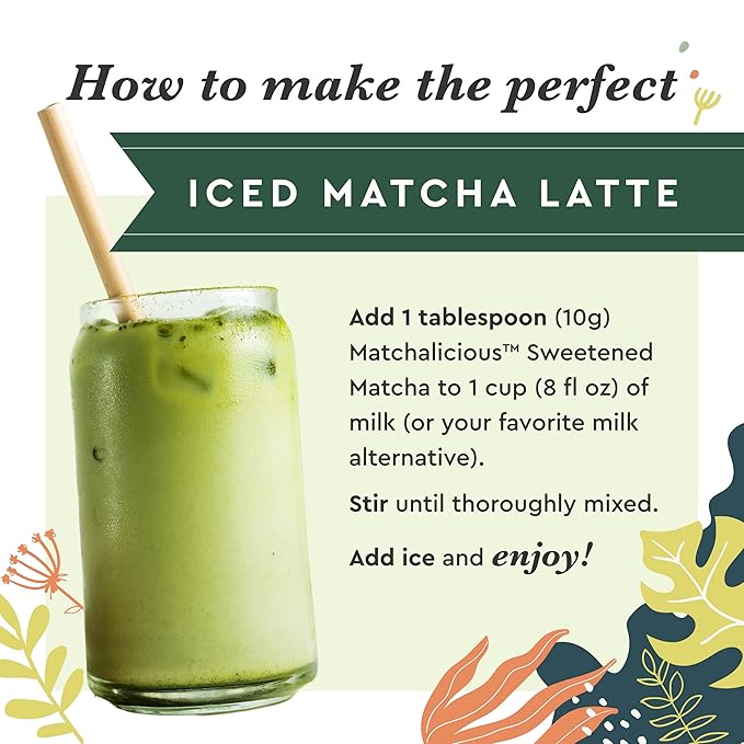 Matchalicious Japanese Matcha Powder, Sweetened Green Tea Powder Vegan, Gluten Free, Low Sugar, For Baking, Lattes, Smoothies, and Matcha Tea, Just Add Water, Dissolves Easily, 17 Servings, 6 oz