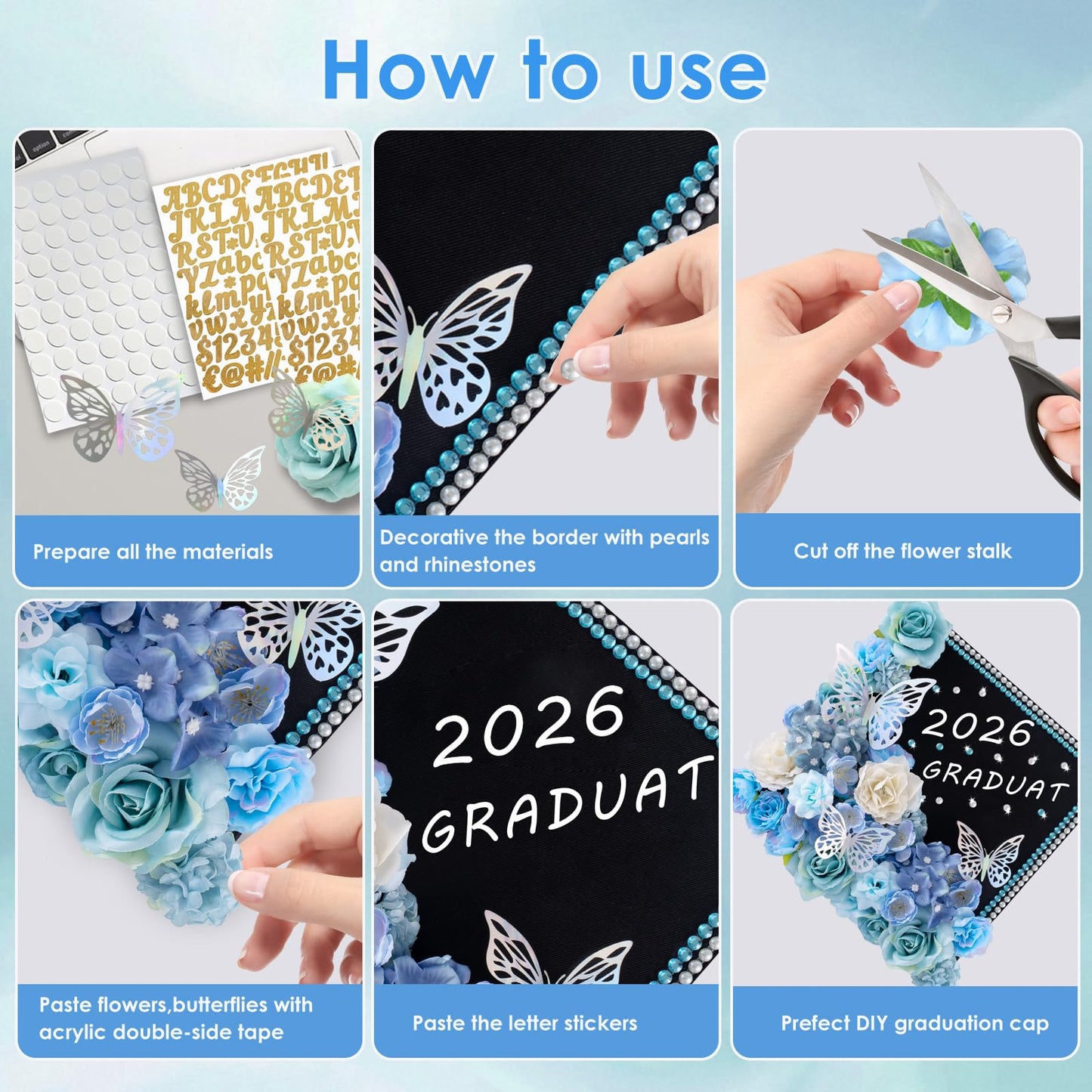 60 PCS Graduation Cap Decorations 2026Graduation Cap Decorations Kit 3DButterfly Stickers Graduation Cap Flowers DIY Graduation Cap Decorations Kit Graduation Party (Blue)