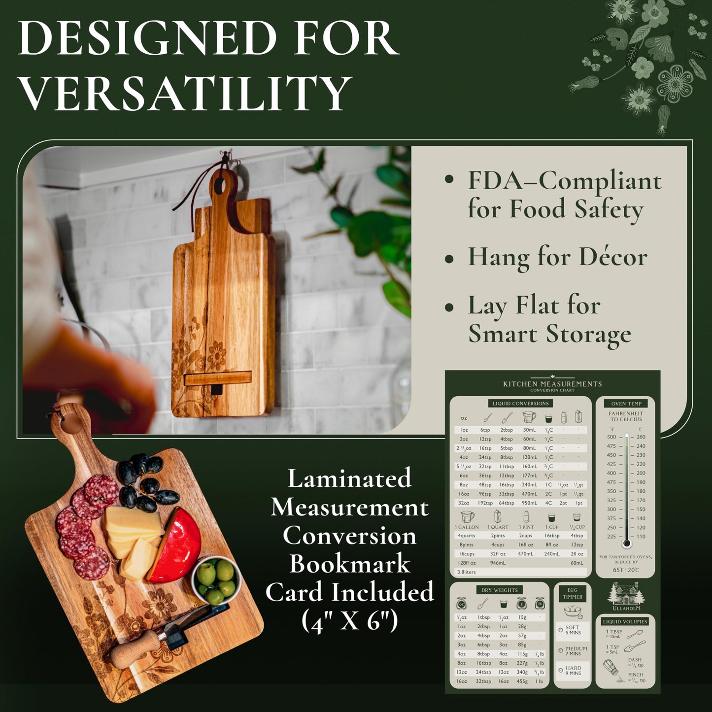 ULLAHOLM Wood Cookbook Stand for Kitchen Counter, Mother's Day Gift for Mom, Reversible Acacia Recipe Book Holder, Cooking Measurement Conversion Card, Adjustable Tablet Holder, Charging Cable Slot