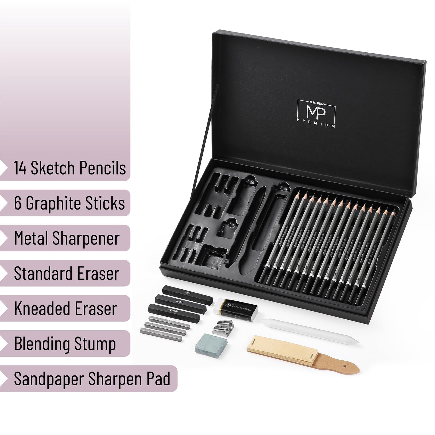 Mr. Pen- Drawing Sketching Pencil Set, 25 pcs, Graphite Pencils (10B-6H), Graphite Sticks, Erasers, Sharpener, Blending Stump & Sandpaper Pad for Drawing, Shading & Art Projects