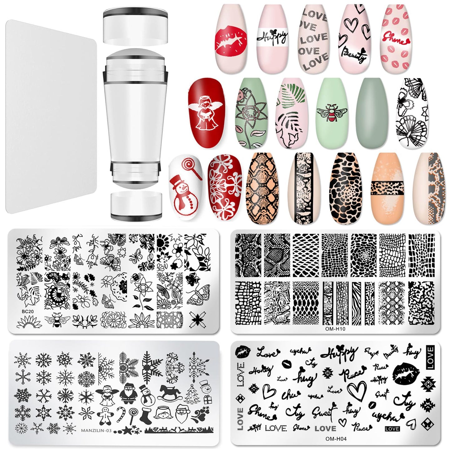 Nail Stamper Plate Kit, 4x Nail Stamping Plates +Dual-end Silicone Nail Art Stamper +Scraper, Snowflake & Spring Butterfly Flowers &Leopard Snake & Kiss Heart, DIY Design Manicure Salon Home, BlueZOO