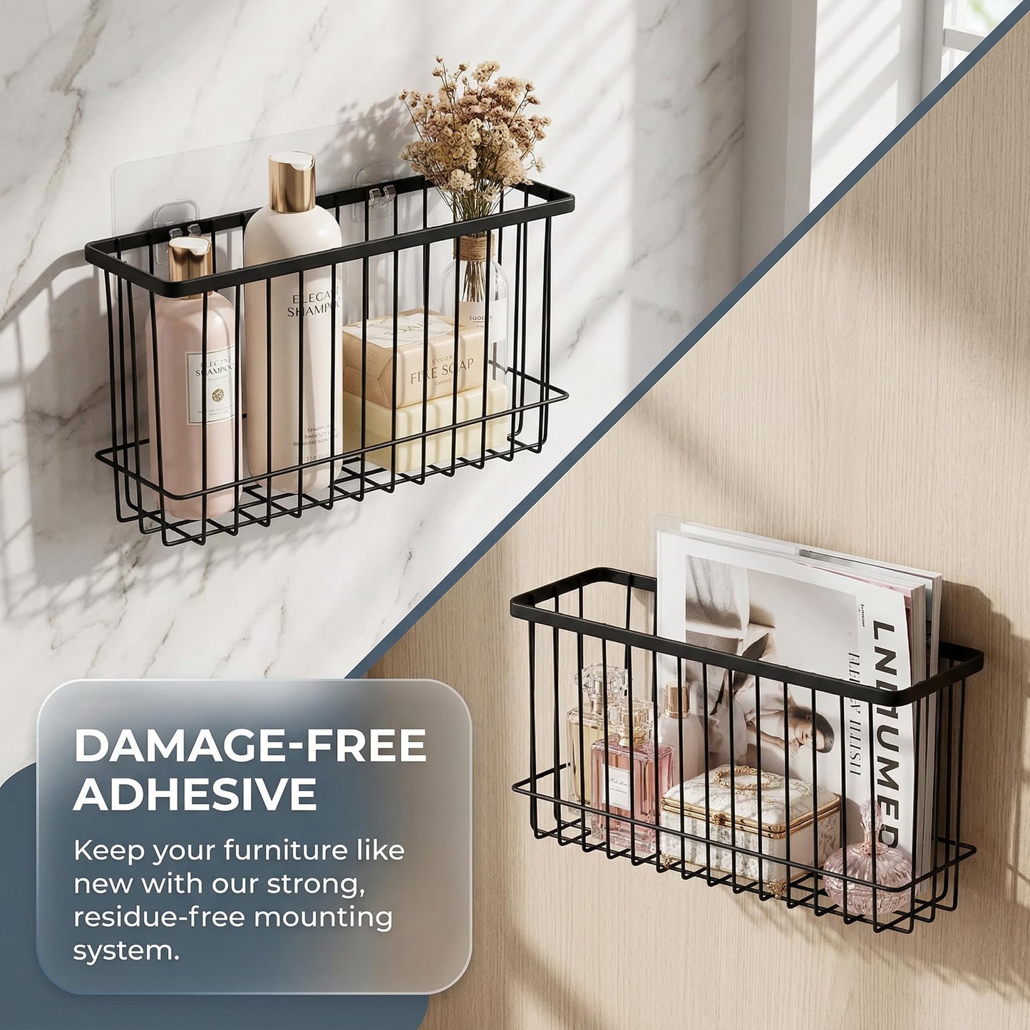 SXSWNSDLX 2 Pack Adhesive Cabinet Door Organizer, No Drilling Required, Hanging Storage Basket Organizer Wall Mounted Pantry, for Kitchen, Fridge, Bathroom (Black)