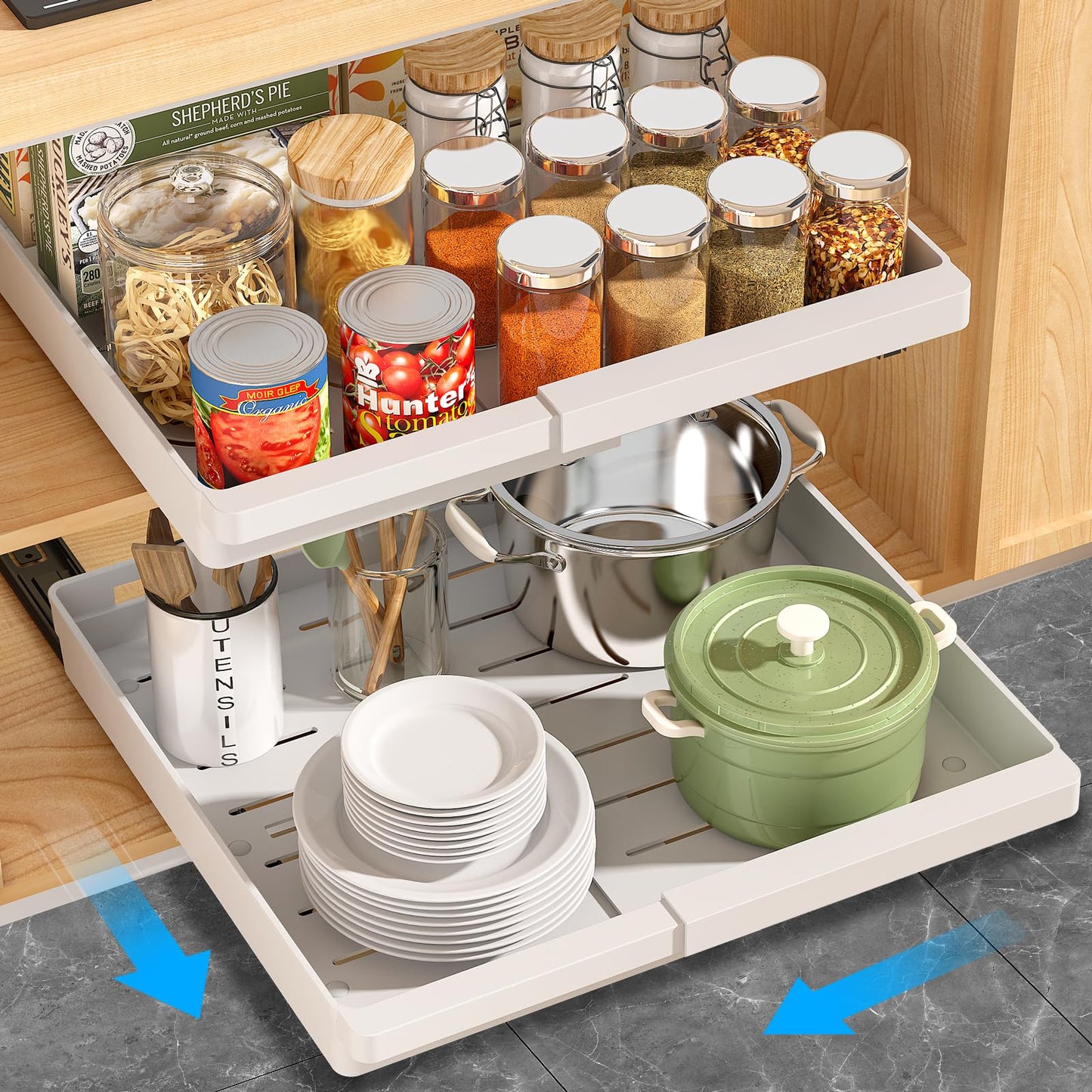 DOMNIU 2 Pack Pull Out Cabinet Organizers Expandable, Plastic Slide Out Drawers for Kitchen, Bathroom, Pantry, Under Sink Storage, Pull Out Drawers Fixed with Adhesive Nano Film (White, 11.6''-17.5'')
