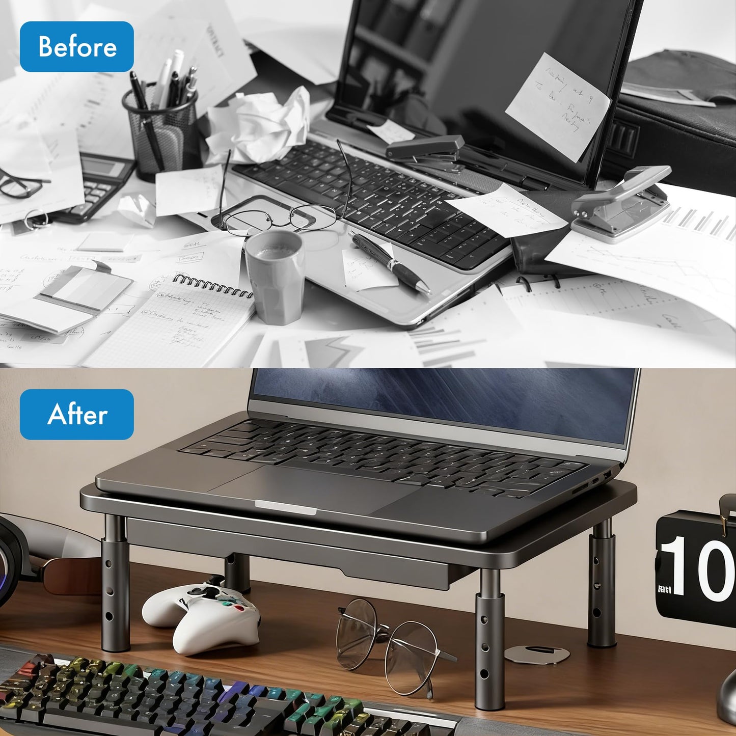 Monitor Stand Riser with Drawer - Adjustable Height (10.5-14.5cm) 3 Gears, Carbon Steel Desk Organizer for Computer/Laptop, Ventilated, Multi-Layer Storage for Office Home，pc stand (Black)