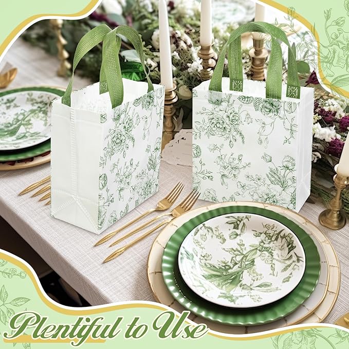 Sweetude 16 Pcs Sage Green Floral Gift Bags Floral Gift Bag with Handles Flower Party Favors Non Woven Reusable Tote for Women Wedding Birthday Baby Shower Mothers Day Party Decorations