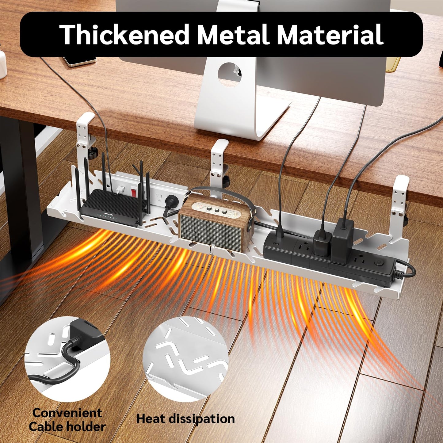 Extended Metal Under Desk Cable Management Tray with Power Outlet, No-Drill Wire Organizer with Clamp, Cord Storage Raceway for Desk Cable Management for Office Home (White)