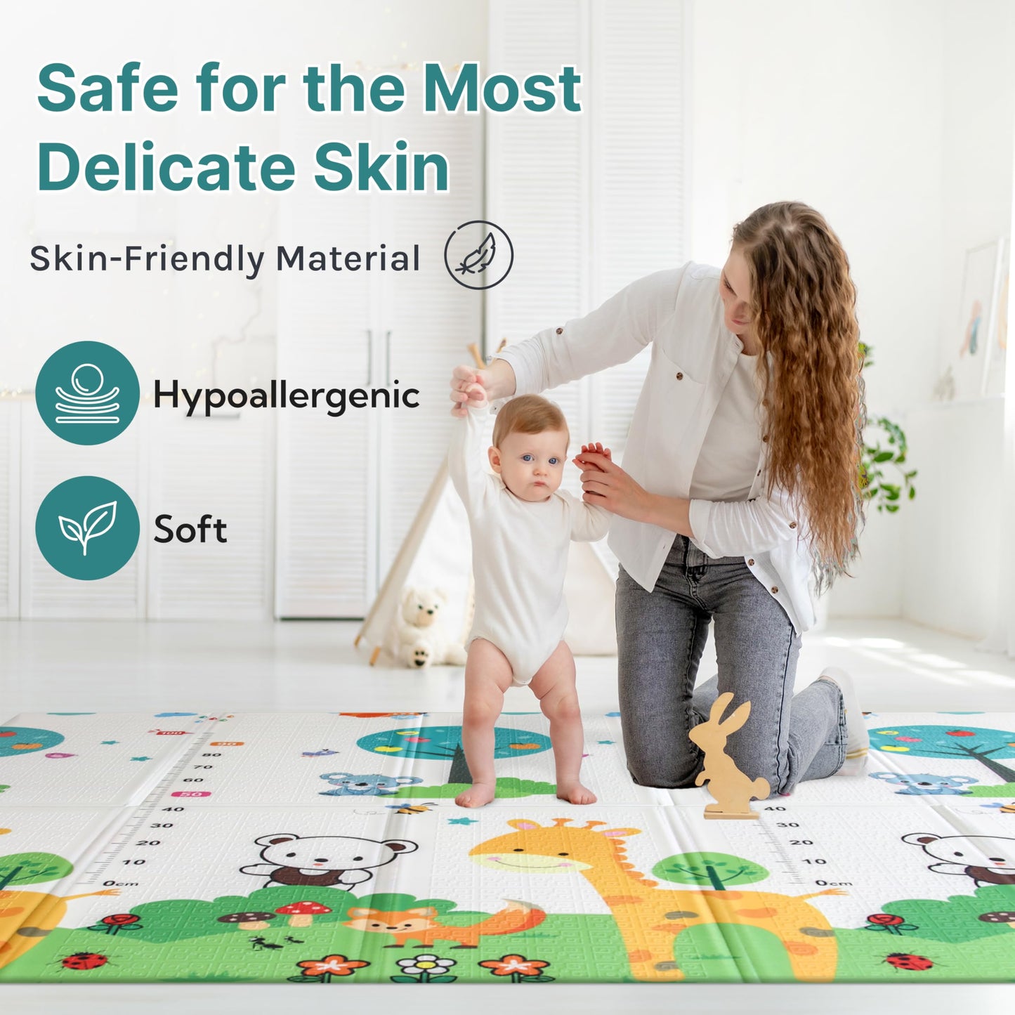 Wiltology playmat, Foldable Baby Play Mat, Extra Large, Non-Toxic, Waterproof Activity Playmats for Babies, Education for Infant, Non-Slip Double Sided (79”x71” 0,4in Olive) boy and Girl