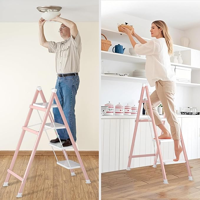 4 Step Ladder, Folding Step Stool with Anti-Slip Wide Pedal, Anti-Slip Feet, Sturdiest Steel Construction, Steel Ladder for Home and Office, Pink White