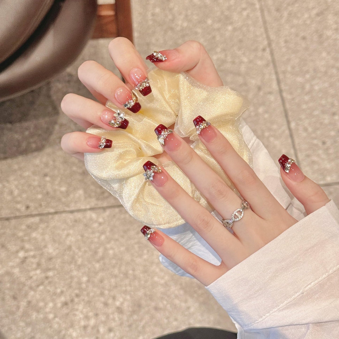 TENPAL Berry Red Glitter French Tips Press on Nails with Rhinestones,Handmade Reusable Bridal Fake Nails with Kit,Y2K Long Lasting Soft Gel Valentines nails(S)