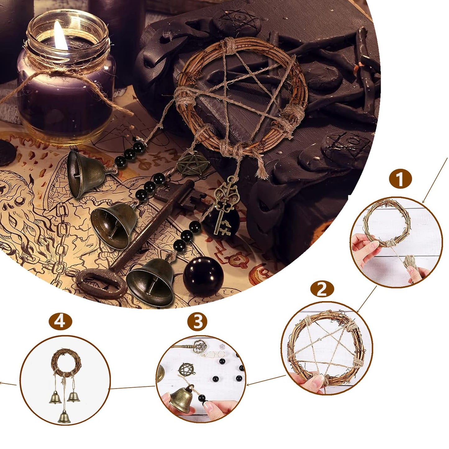 69 Pcs Witch Bells DIY Kit Decor Door Knob Hanging Witchcraft Protection Witchy Wind Chimes Wreath Decorations