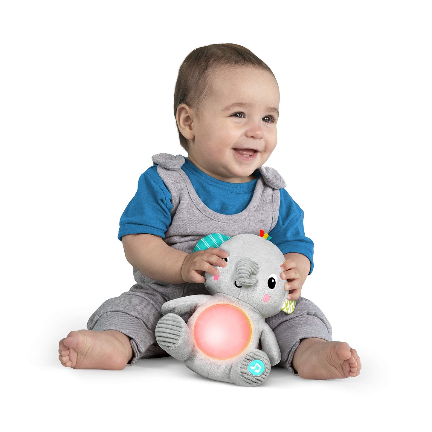 Bright Starts Hug-a-Bye Baby Elephant Stuffed Animal Musical Toy, Soft Toy Soother Plays Songs & Lights up, Newborn and up