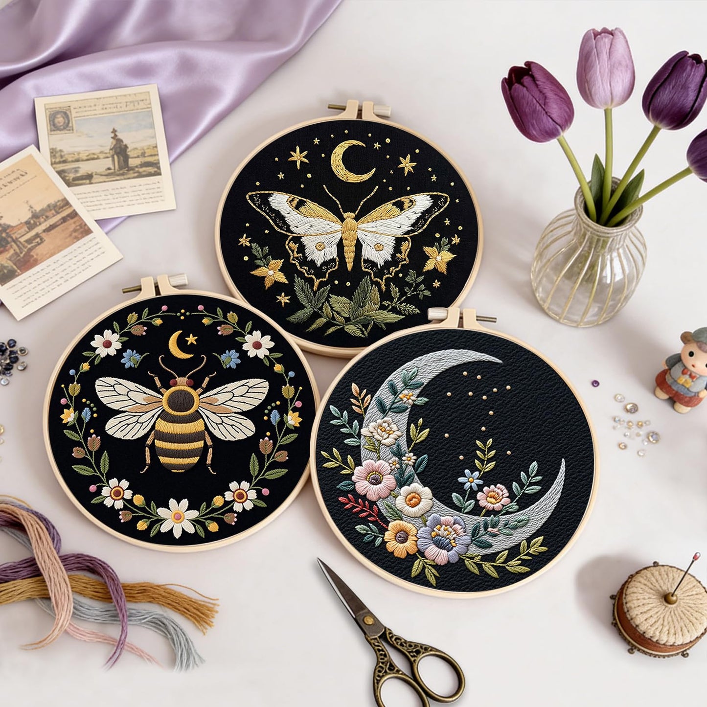 Uniartfy 3 Sets Butterfly Bee Moon Embroidery Kits for Beginners, DIY Cross Stitch Starter Craft Kit for Adults, Needlepoint Kits Including Cloth with Flower Plant Pattern, Hoop, Tools, Instructions