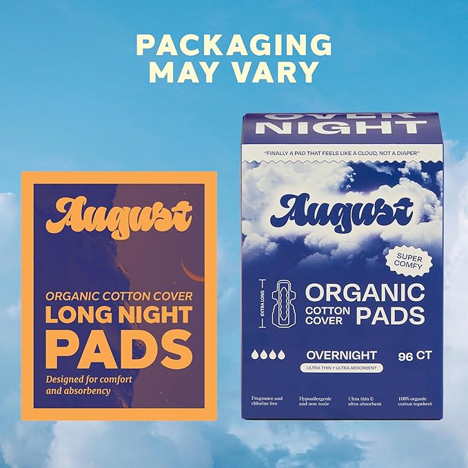August Overnight Pad with Wings, Overnight Pads for Women and Anyone Who Menstruates, 96 Long Pads with Compostable Wrappers, Toxin Free, Fragrance Free, and Hypoallergenic (6 Boxes of 16)