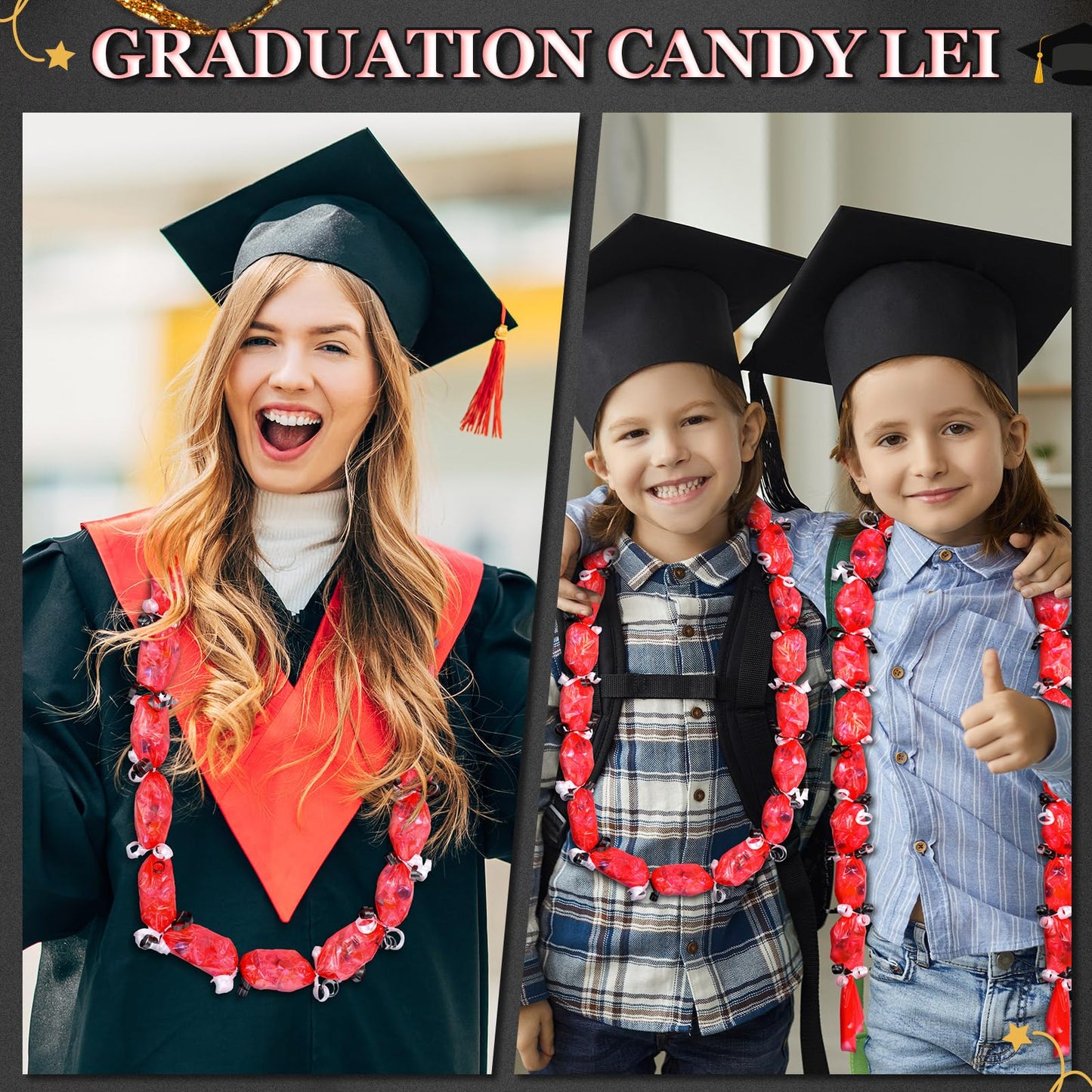 Sinload Candy Lei Poly Tubing 2 Inch x 1000 ft Graduation Candy Lei Making Kit with 2 Rolls Ribbon Class of 2026 Congrats Grad for Party DIY Graduation Wreaths Packing Snacks Gift(Red)