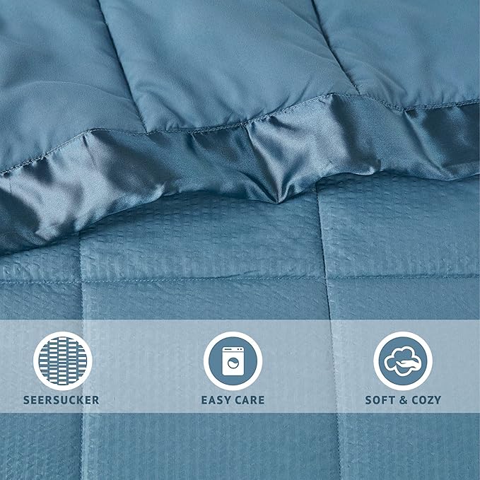 Madison Park Cambria Down Alternative Blanket, Premium 3M Scotchgard Moisture Wicking Treatment, Lightweight and Soft Bed Cover For Summer with Satin Trim, Oversized King Slate Blue