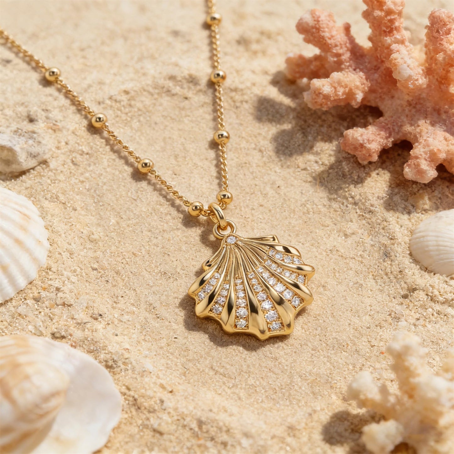 MEVECCO Dainty Gold Seashell Pendent Necklace for Women 18K Gold Plated Beach CZ Shell Necklace Boho Handmade Ocean jewelry