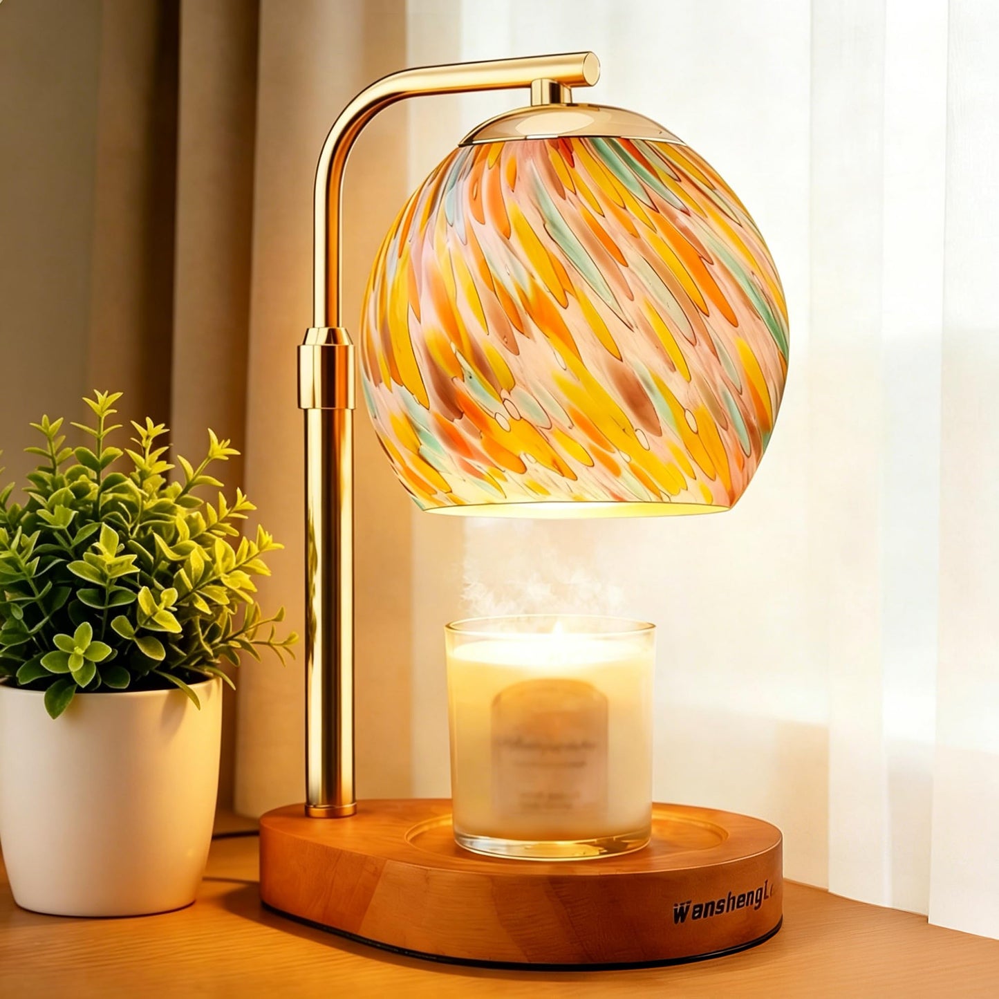 WangshengLe Stained Glass Candle Warmer Lamp Adjustable Height, 7-Level Dimmable Brightness with 2/4/8H Timer, Candle Warmer Light with 2 Bulbs for Women Mom Scented Jar Candles - Gold