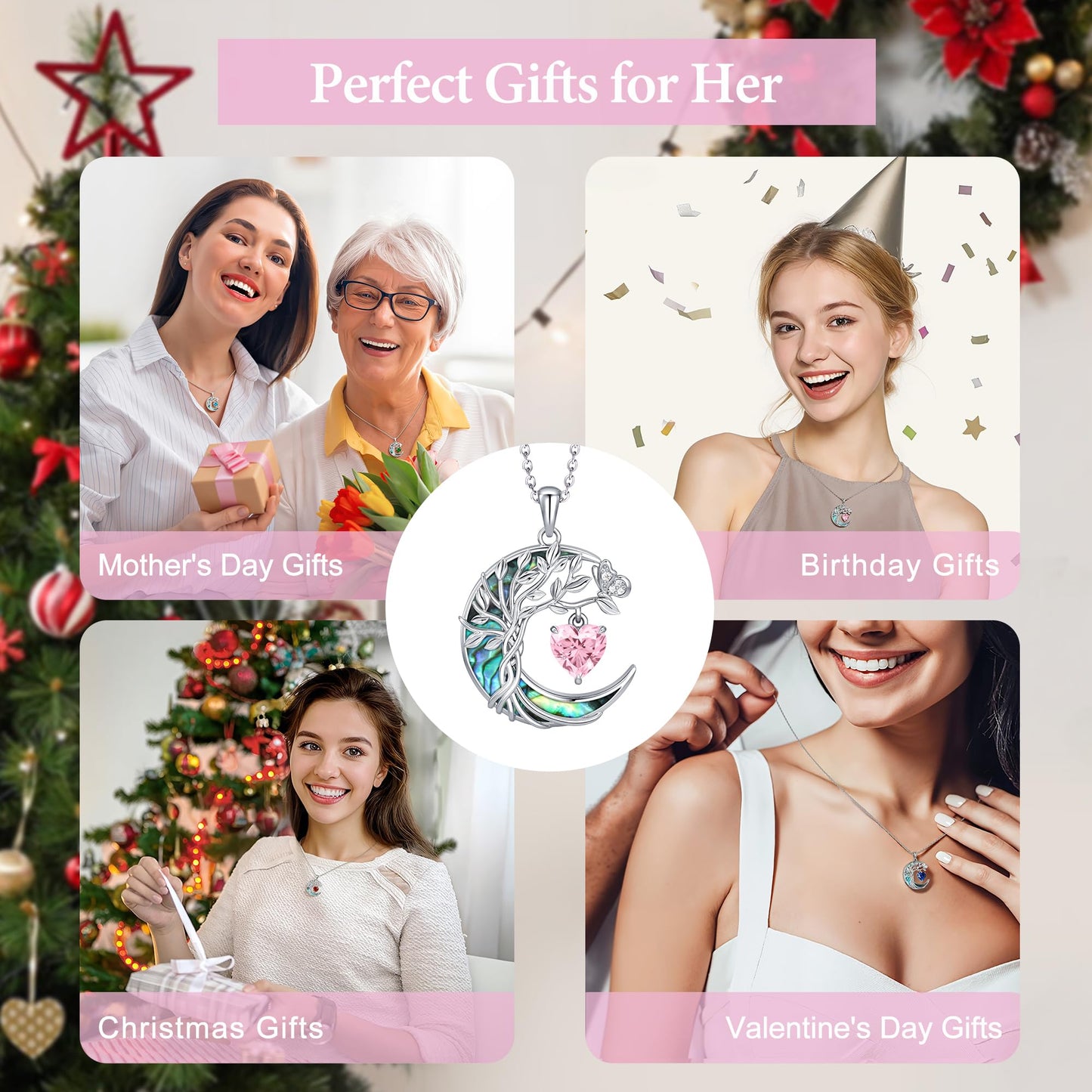 Distance Women's Tree of Life Abalone Shell Moon Heart Birthstone Necklace, S925 Sterling Silver, Pink October Birthstone, 45cm Chain
