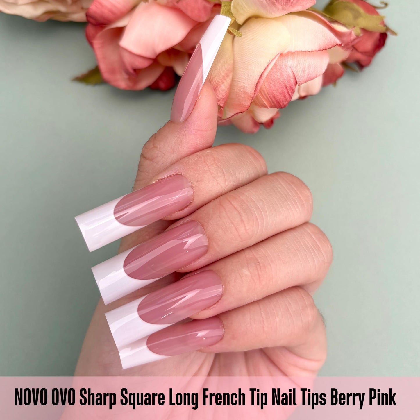 NOVO OVO Long Sharp Square White French Tip Nail Tips Press on BERRY PINK, Extra Thick NEED Builder Gel & Top Coat & Glue, Soft Gel full Cover False Fake Nail Extension for Salon DIY x 15 Sizes 180 pc