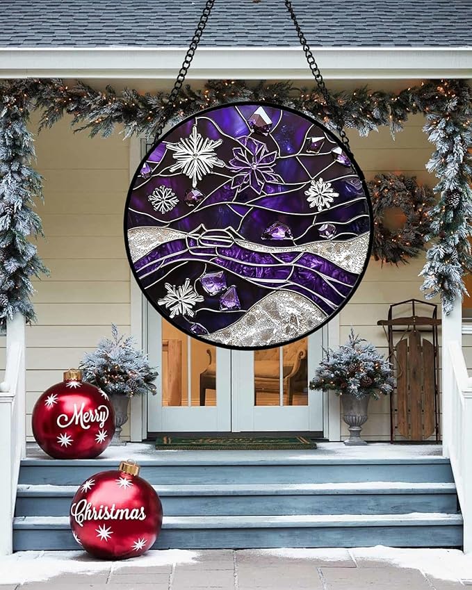 Stained Glass Window Hanging - Silver Purple Snowflakes Suncatcher for Doors Home Christmas Decoration Sun Catcher Thanksgiving New Year Birthday Gifts for Friend Women Men Mom Nana 6.3 in