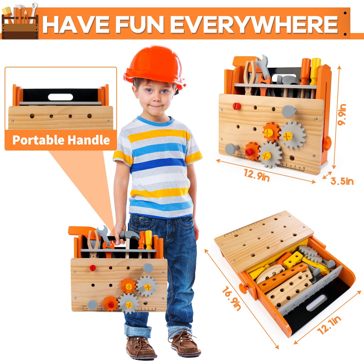 KIDWILL Wooden Tool Bench for Kids, 54-Piece Kids Tool Set with 2-in-1 Workbench & Take-Along Tool Kit, STEM Educational Toy Tools for Kids Ages 3 4 5 6 7 8 Years Old, Boy Toys