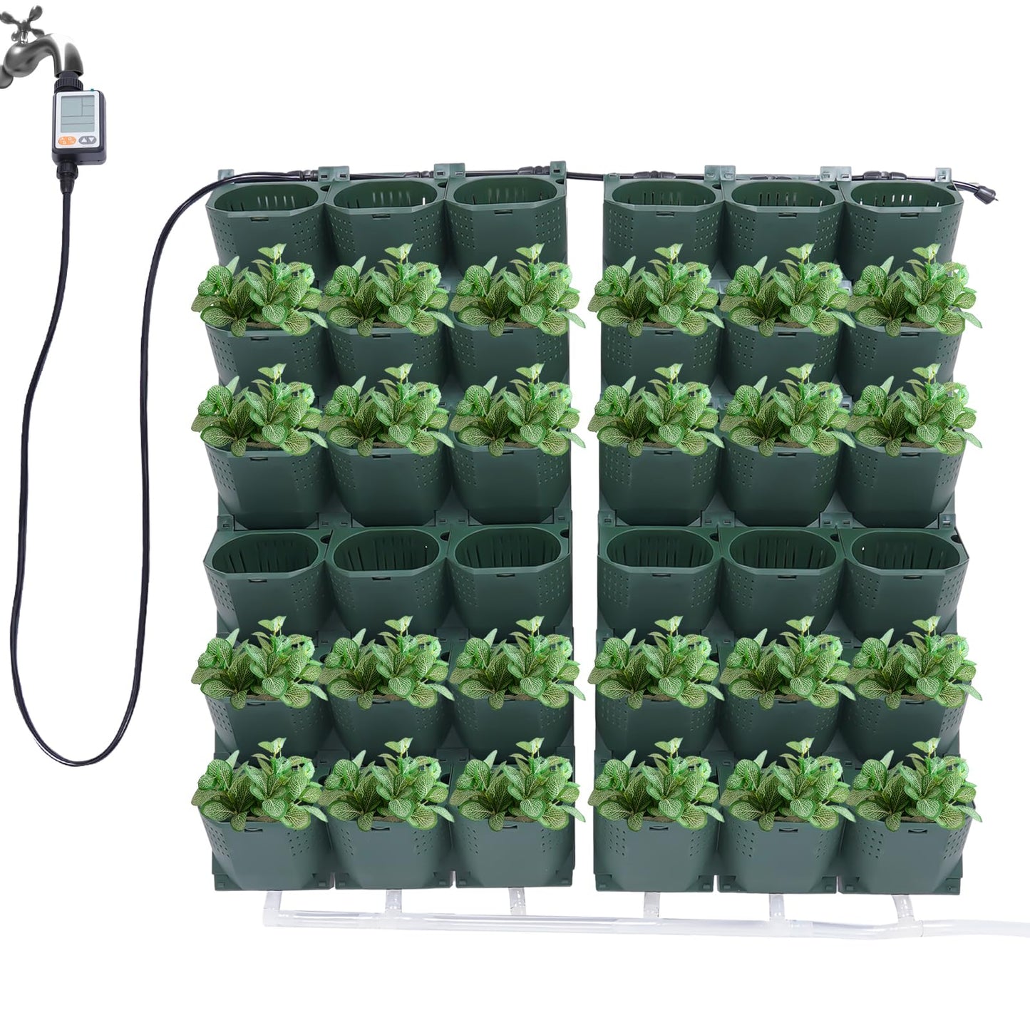 WANLECY Self-Watering Wall-Mounted Planter with Drip System and Timer Indoor/Outdoor Decor, Vertical Wall Planter with 36 Pots for Herbs Vegetables Fruits (Dark Green)
