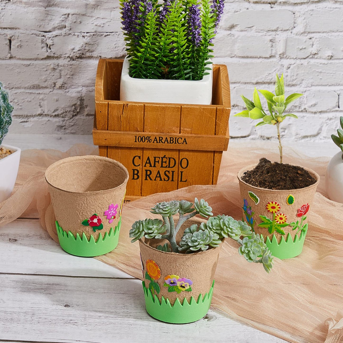 Gueevin 50 Pack Garden Paper Pot Craft Kit Flower Plant Spring Craft Including Peat Plant Pots Adhesive Foam Stickers Pot Stickers EVA Grass for DIY Flower Planting Growing