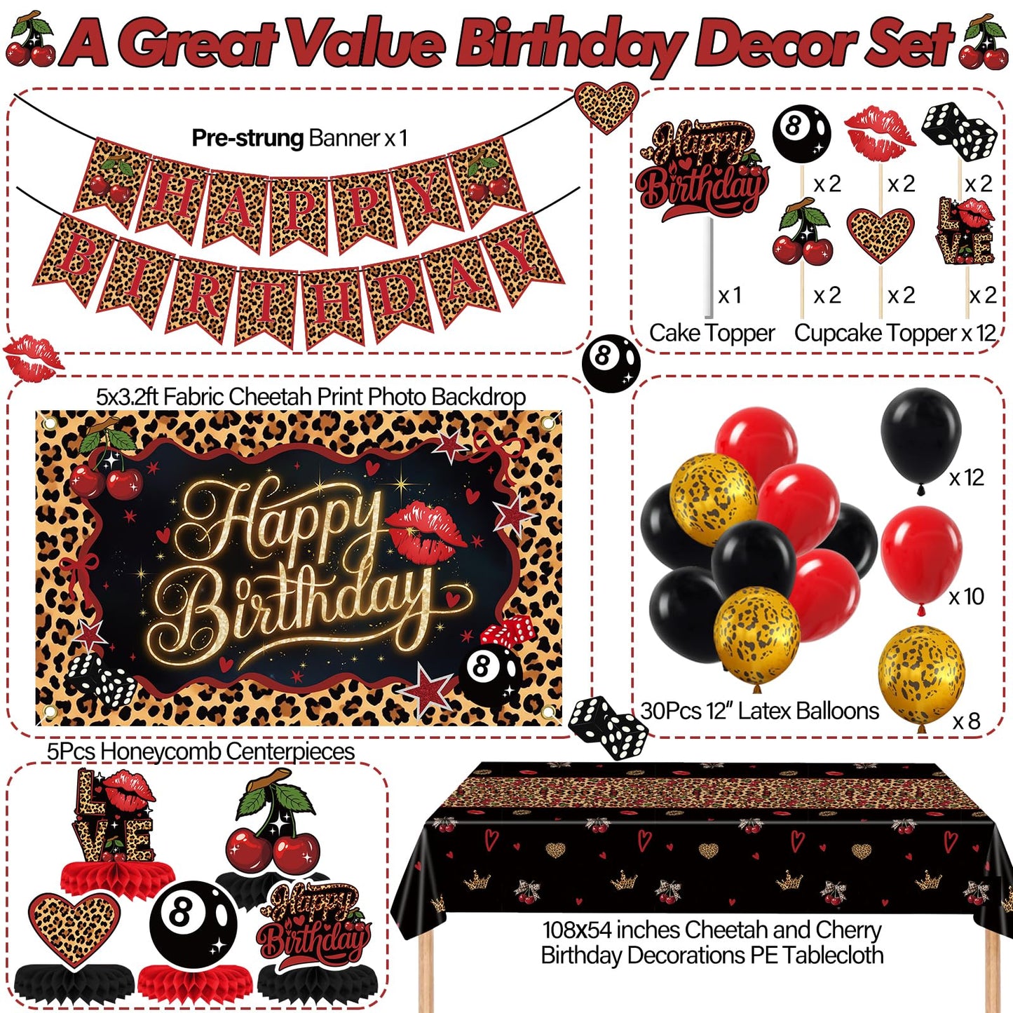 Red Black Cheetah Print Cherry Birthday Decorations Kit - Leopard Birthday Party Decor with Pre-Strung Banner Backdrop Tablecloth Balloons Cake & Cupcake Toppers, Prefect for Girls Women Big Mama