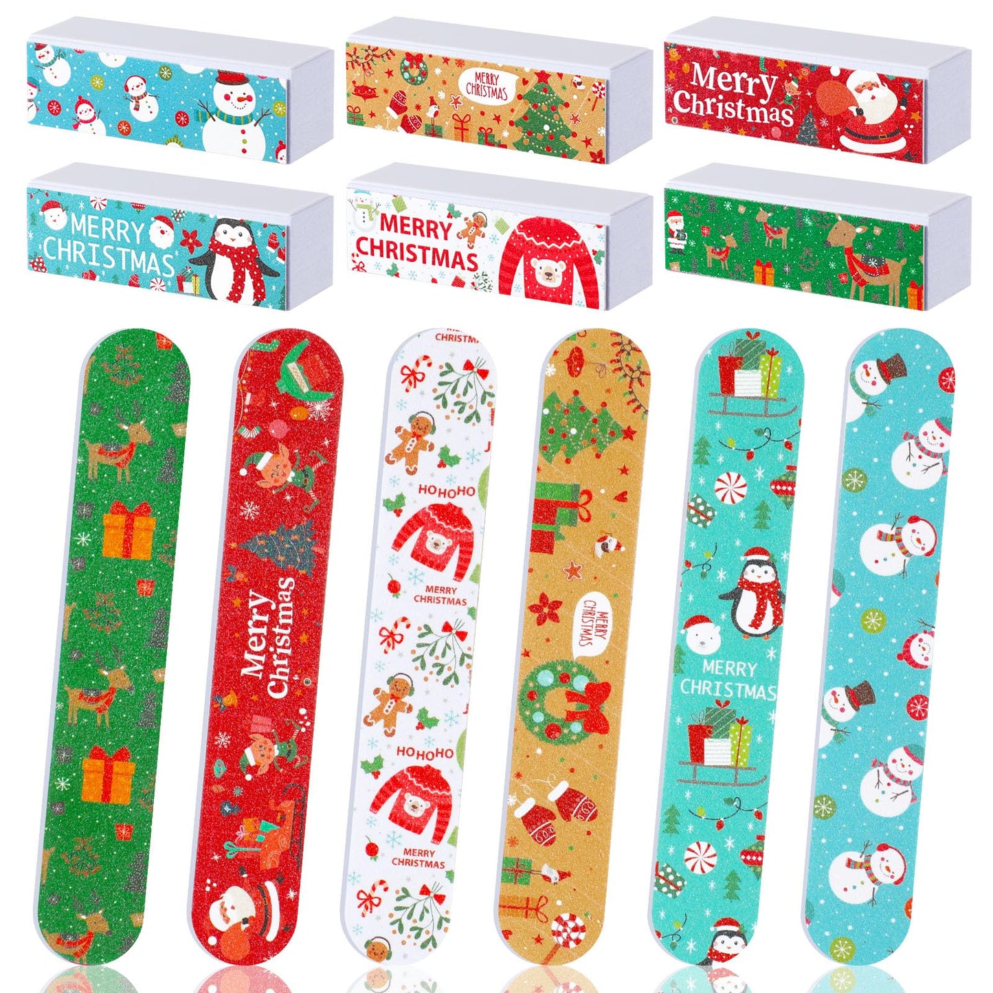 Demissle 18 Pcs Christmas Nail File and Buffer Set Christmas Gift for Women Include 12 Christmas Nail Files Emery Boards 6 Rectangular Nail Buffer Block for Christmas Manicure Tools Party Favors