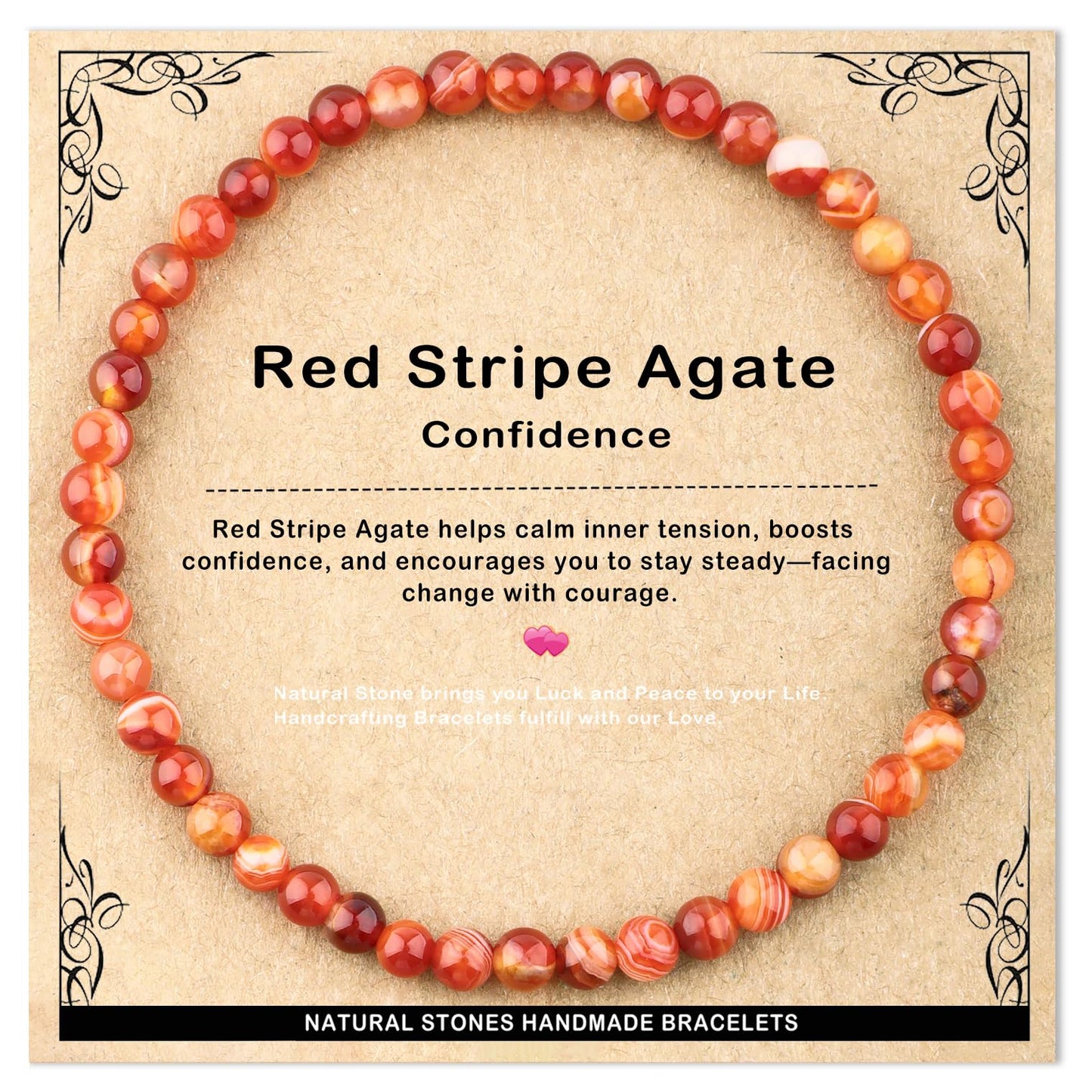 AD Beads 4mm Handmade Red Stripe Agate Elastic Bracelet – Natural Gemstone for Confidence – Meditation, Yoga, Healing and Energy Gift for Men Women