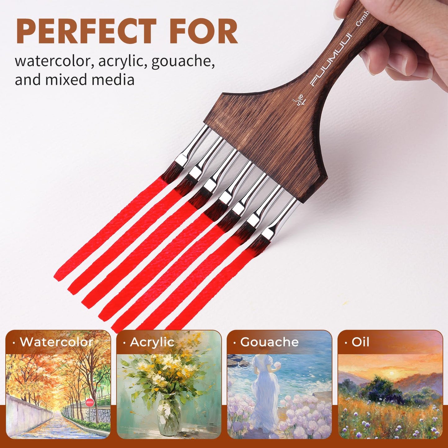 Fuumuui Grainer Brush Set - 3Pcs Professional Multi-Tooth Brushes, Flat Head Comb Brush Set Designed for Textures and Special Effects for Acrylic Painting, Oil & Watercolor, Short Handle