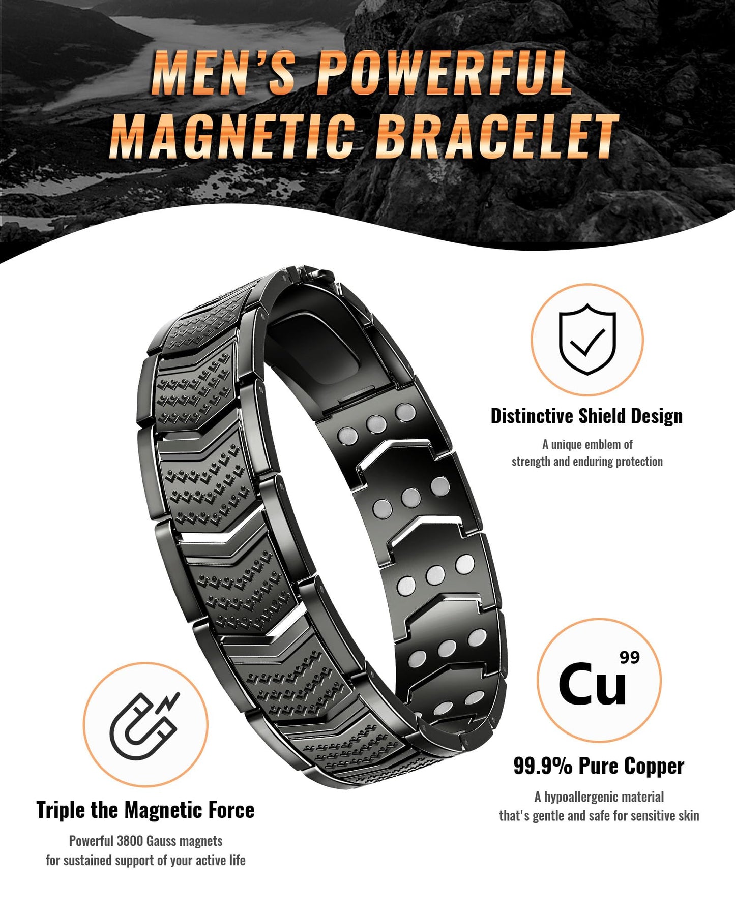 vapeples 99.99% Pure Copper Men's Bracelet with 3800 Gauss Triple-Strength Magnets, Foldover Clasp, and Adjustable Size,Shield Design