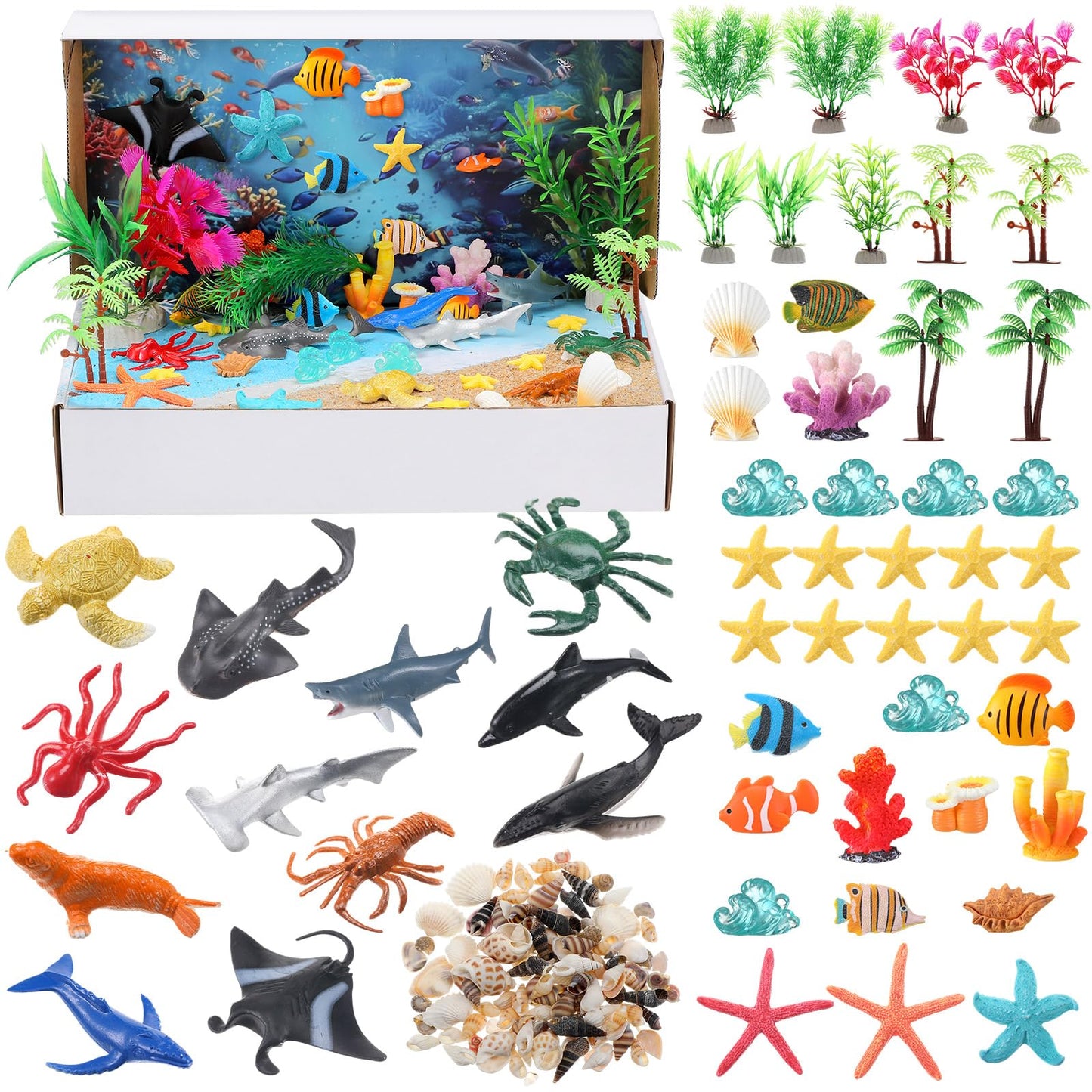 Teyva Daily 60 Pcs Ocean Diorama Kit Habitat Project Box Set 3D Ocean Diorama Supplies Include Under The Sea Animals Figures Artificial Coral Seagrass with Cardboard for DIY Crafts Gifts
